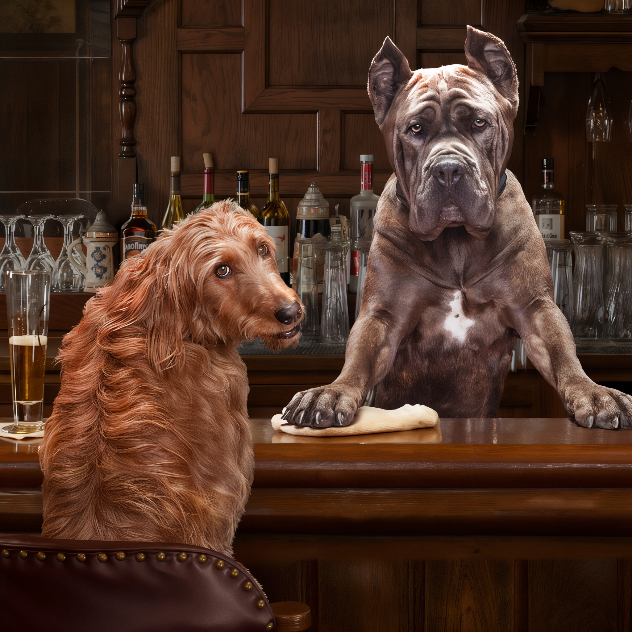 Two dogs at a wooden bar, one tending it, from the Fromm Cuties gallery