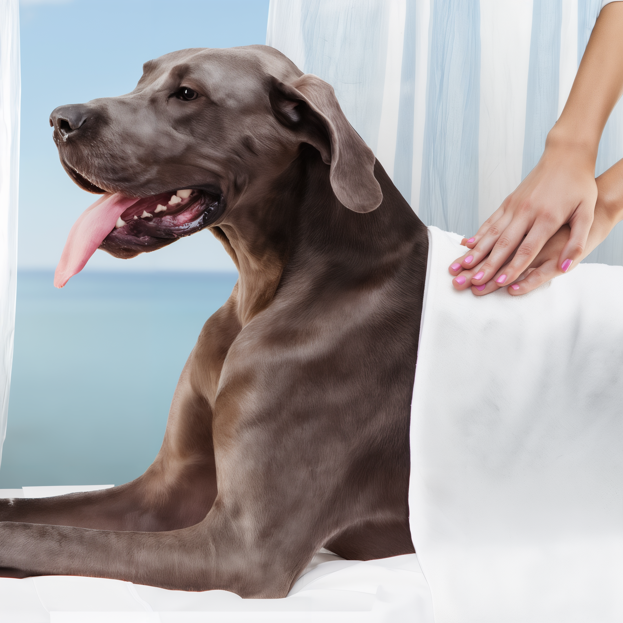 Great Dane relaxing under a towel at a spa massage