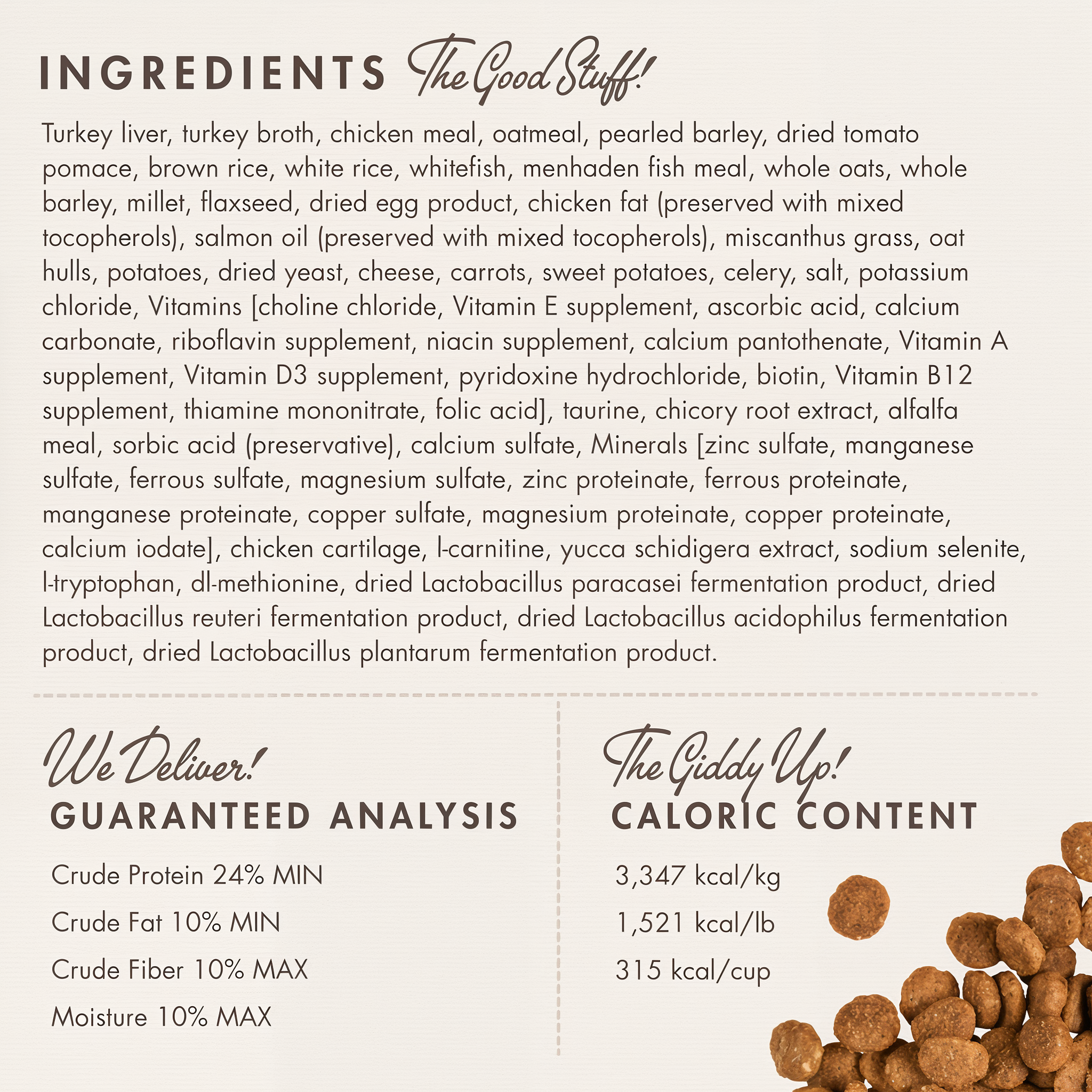 Fromm Gold Large Breed Weight Management ingredients panel with guaranteed analysis and caloric content
