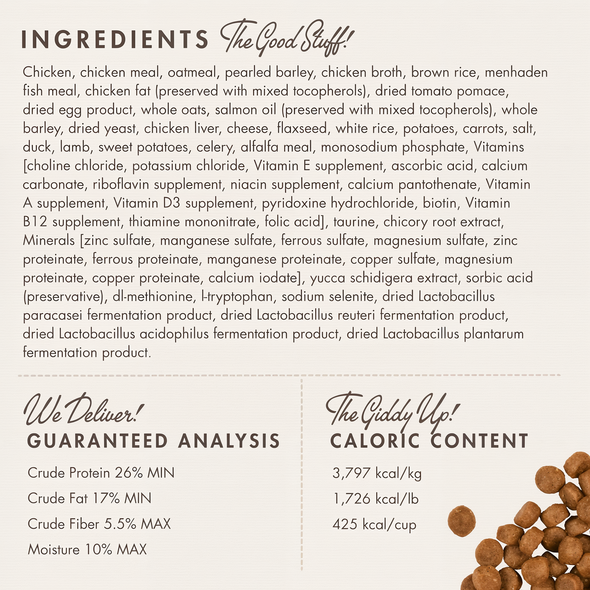 Fromm Gold Small Breed Adult ingredients panel with guaranteed analysis and caloric content
