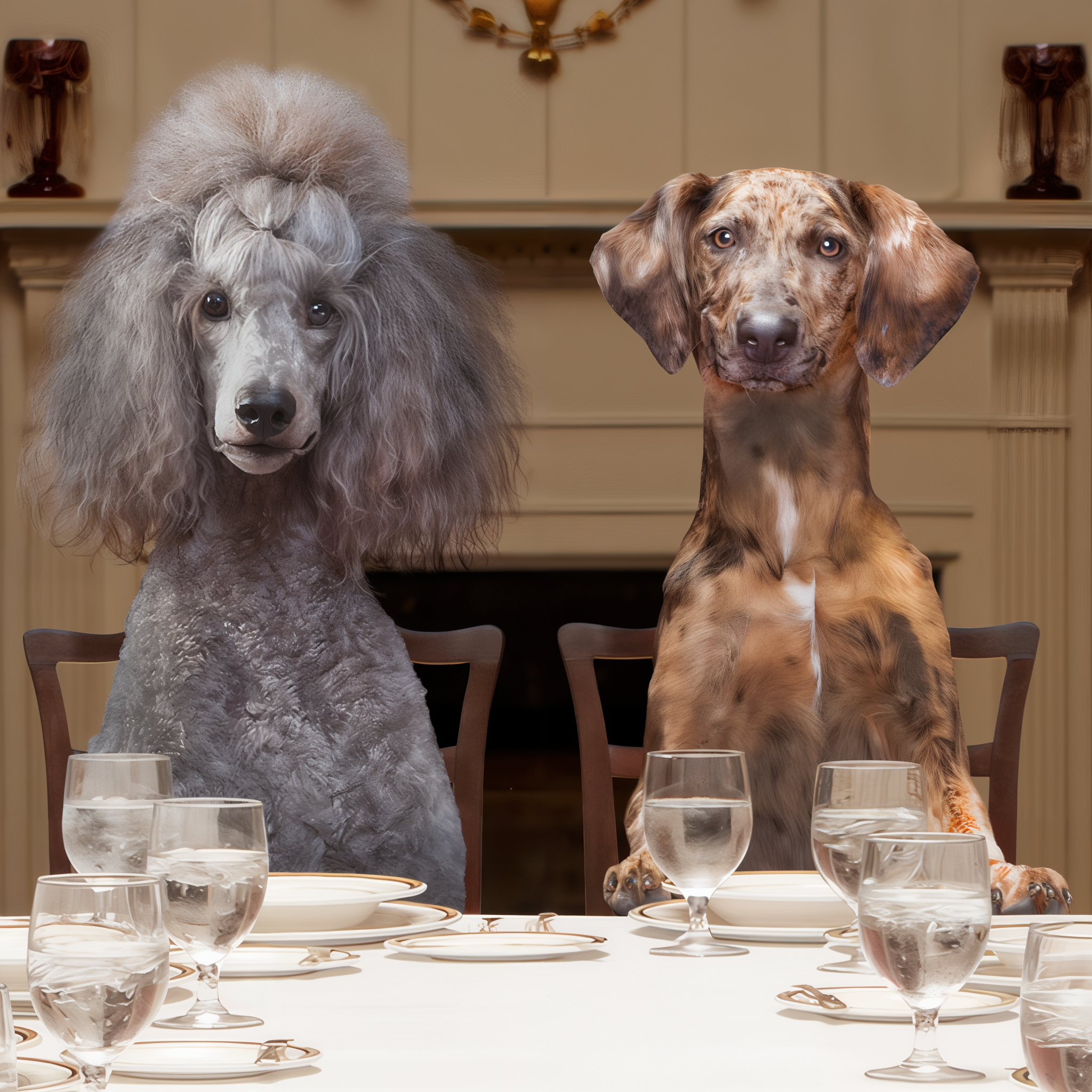 Two dogs seated at a formal dinner table waiting to be served