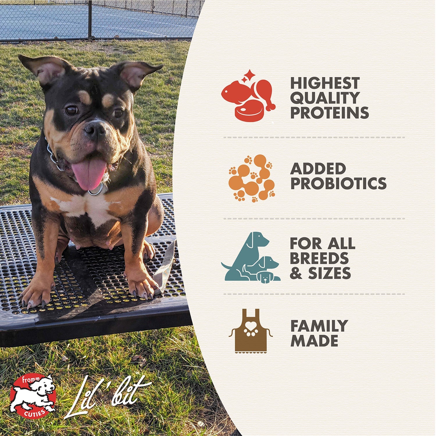 Fromm Cuties dog Lil' bit with Heartland Gold Adult benefits: highest quality proteins, added probiotics, all breeds and sizes, family made