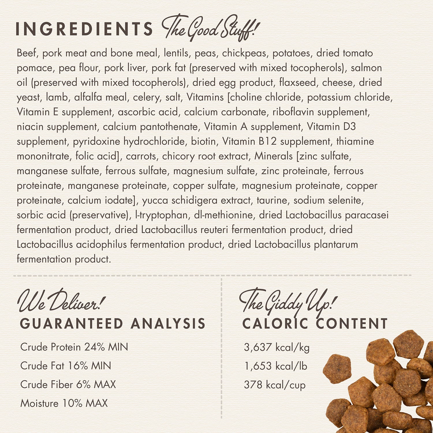 Fromm Heartland Gold Adult ingredients panel with guaranteed analysis and caloric content