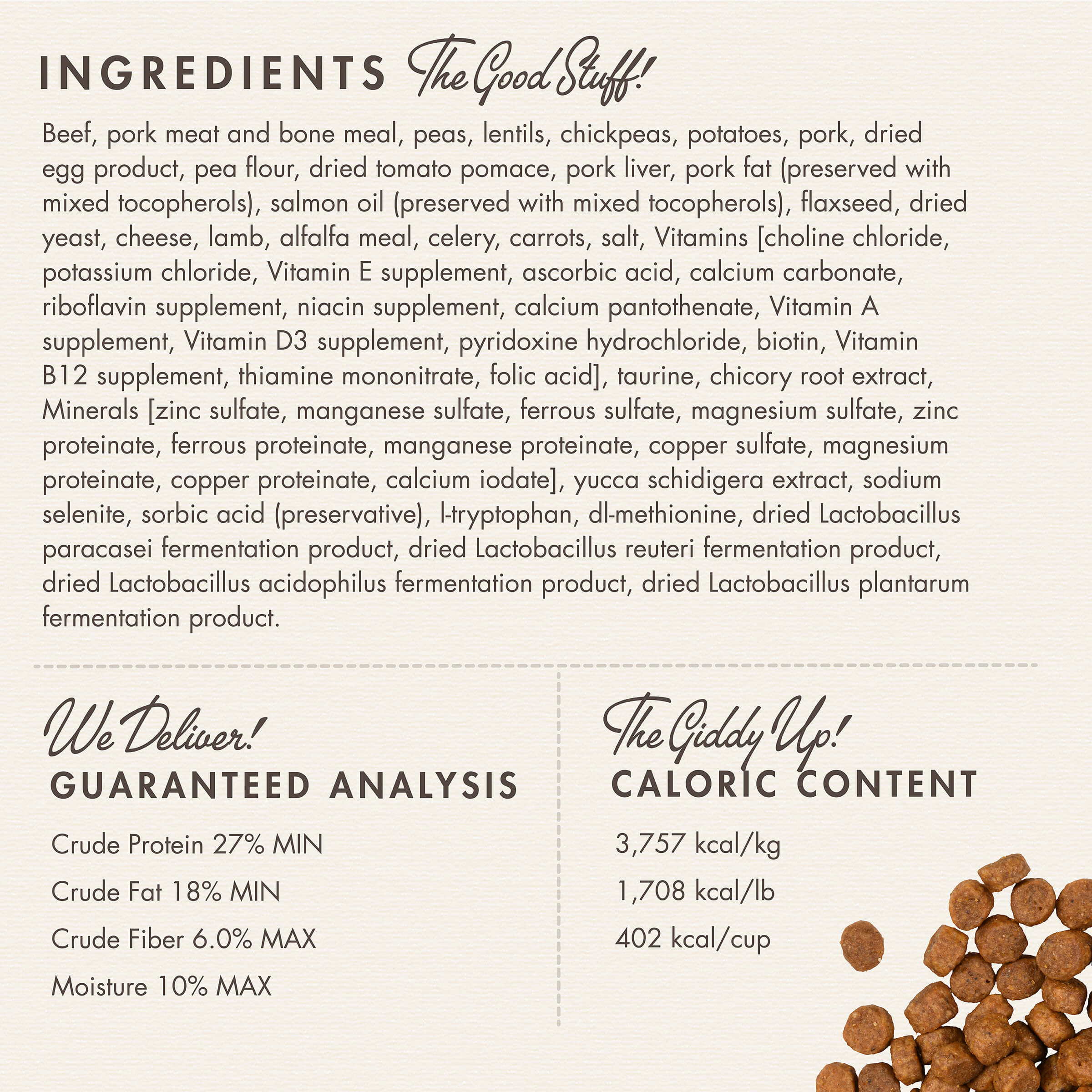 Fromm Heartland Gold Puppy ingredients panel with guaranteed analysis and caloric content