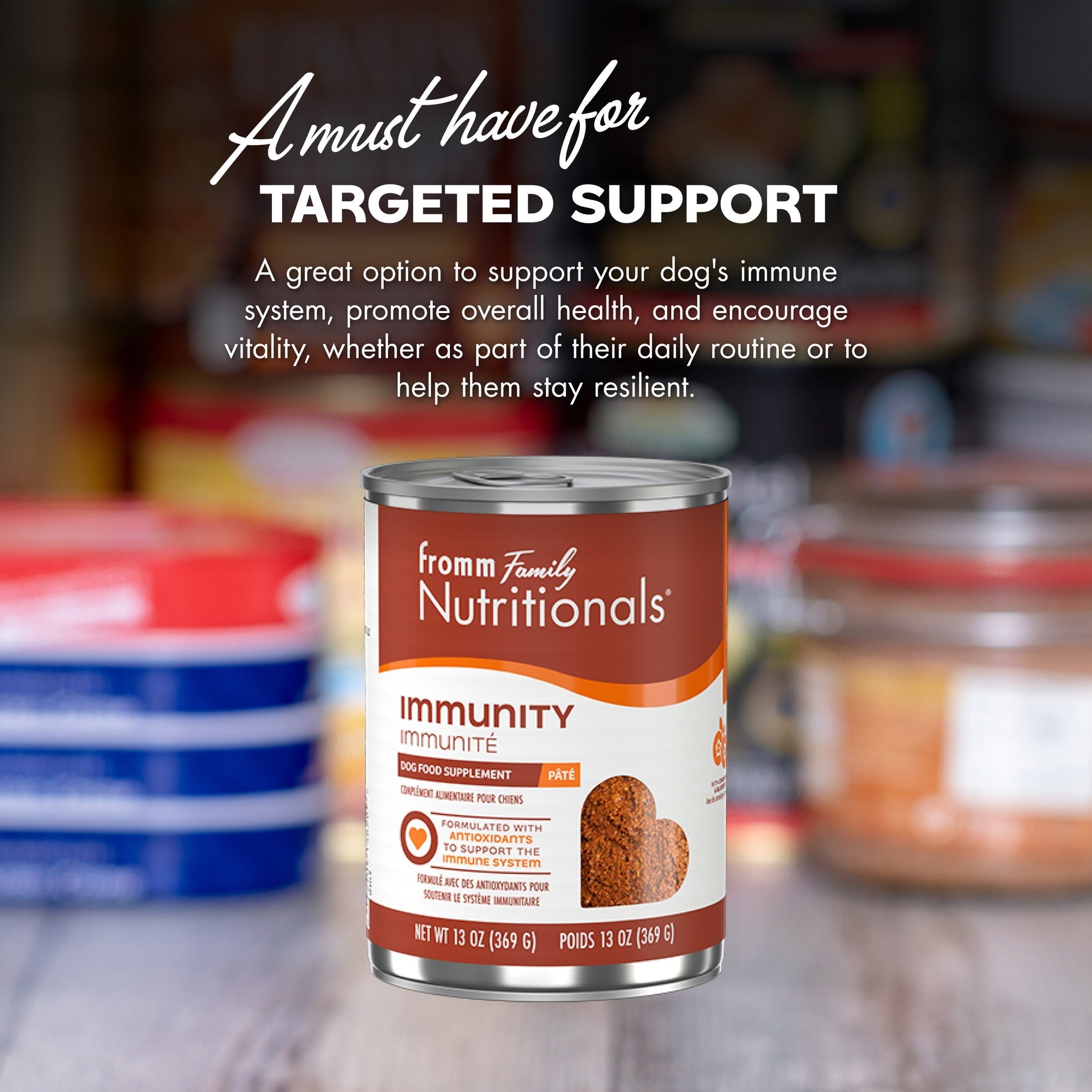 A must have for targeted support: Fromm Nutritionals Immunity can to support your dog's immune system, overall health, and vitality