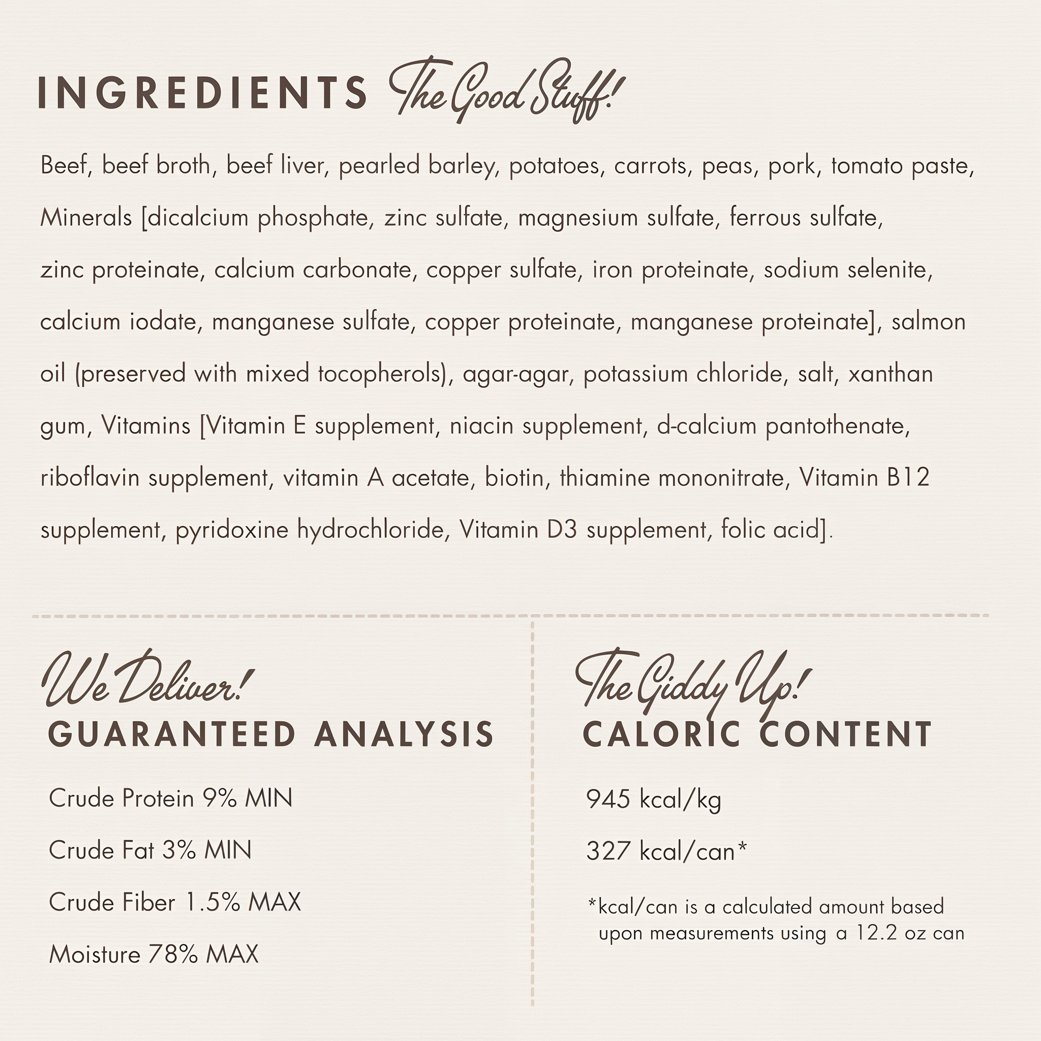 Fromm Pâté Beef & Barley ingredients panel with guaranteed analysis and caloric content