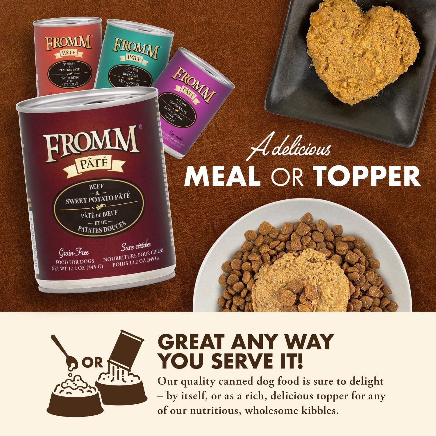 Fromm Pâté canned food served as a delicious meal or as a topper over kibble