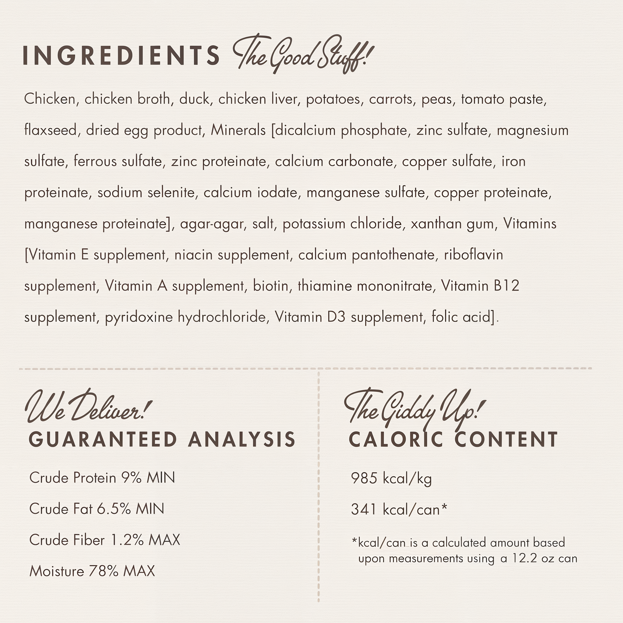 Fromm Pâté Chicken & Duck ingredients panel with guaranteed analysis and caloric content
