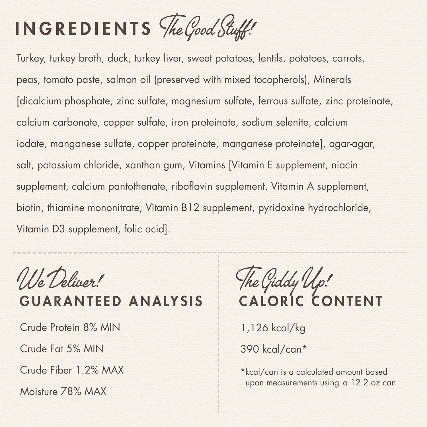 Fromm Pâté Turkey, Duck, & Sweet Potato ingredients panel with guaranteed analysis and caloric content