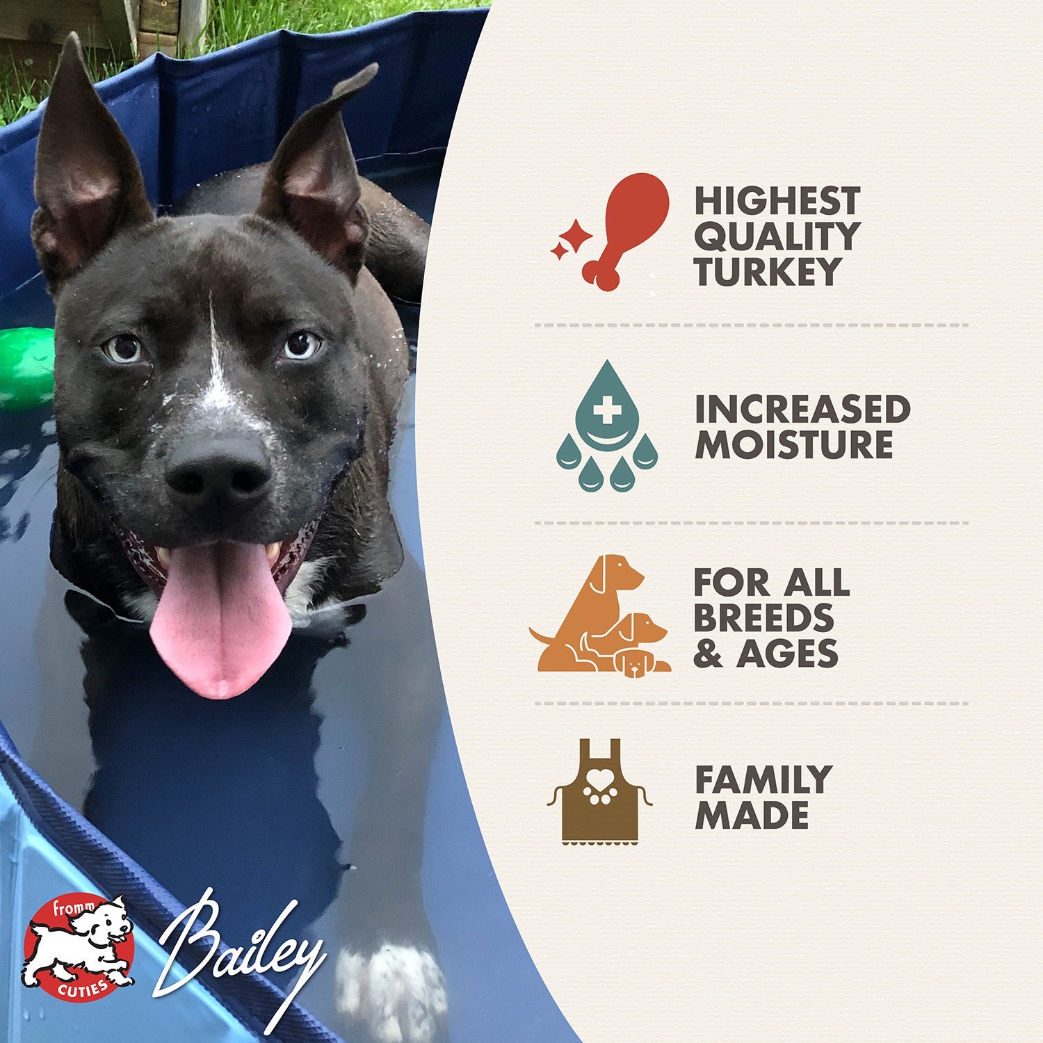 Fromm Cuties dog Bailey with Fromm Pâté benefits: highest quality turkey, increased moisture, for all breeds and ages, family made