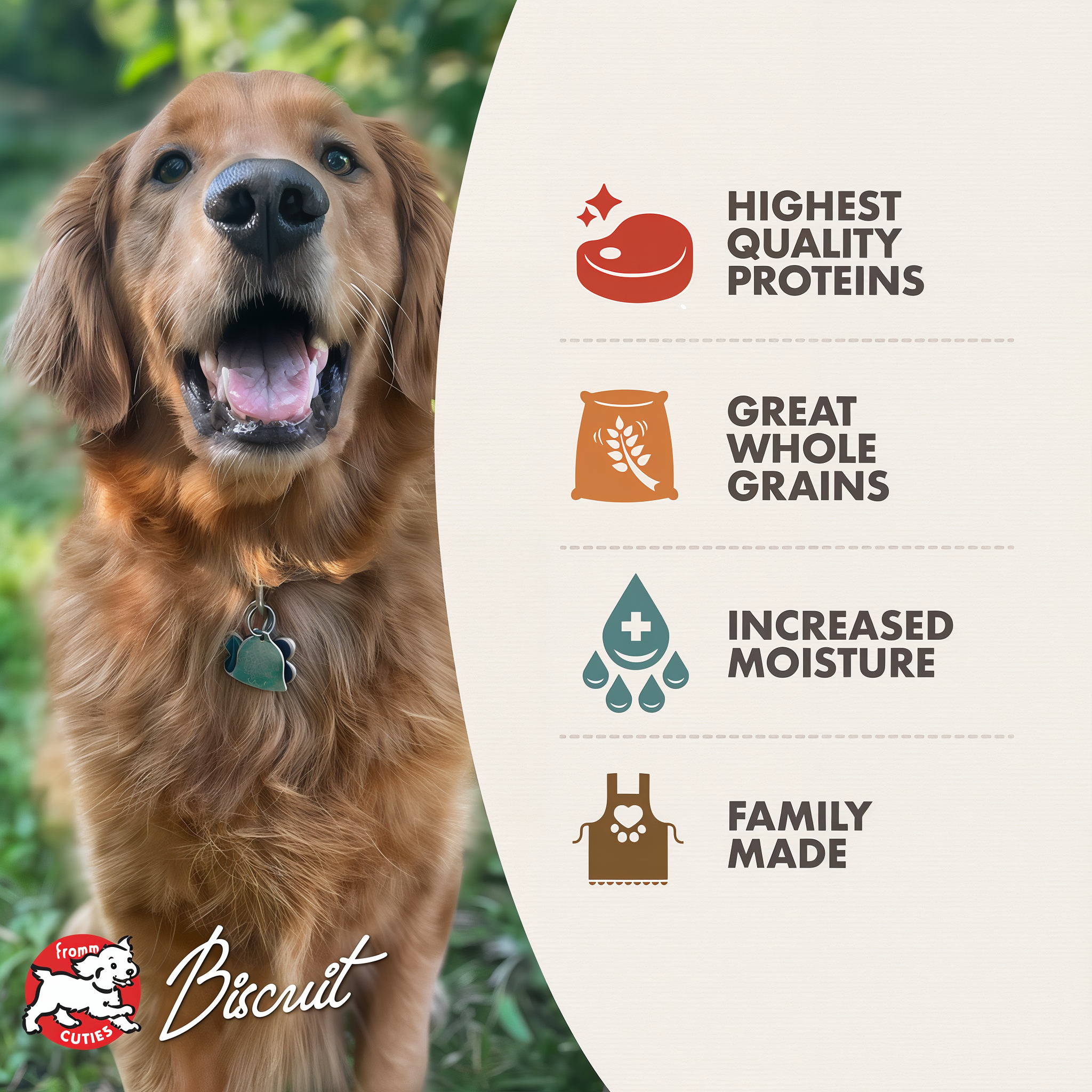 Fromm Cuties dog Biscuit with Fromm Pâté benefits: highest quality proteins, great whole grains, increased moisture, family made