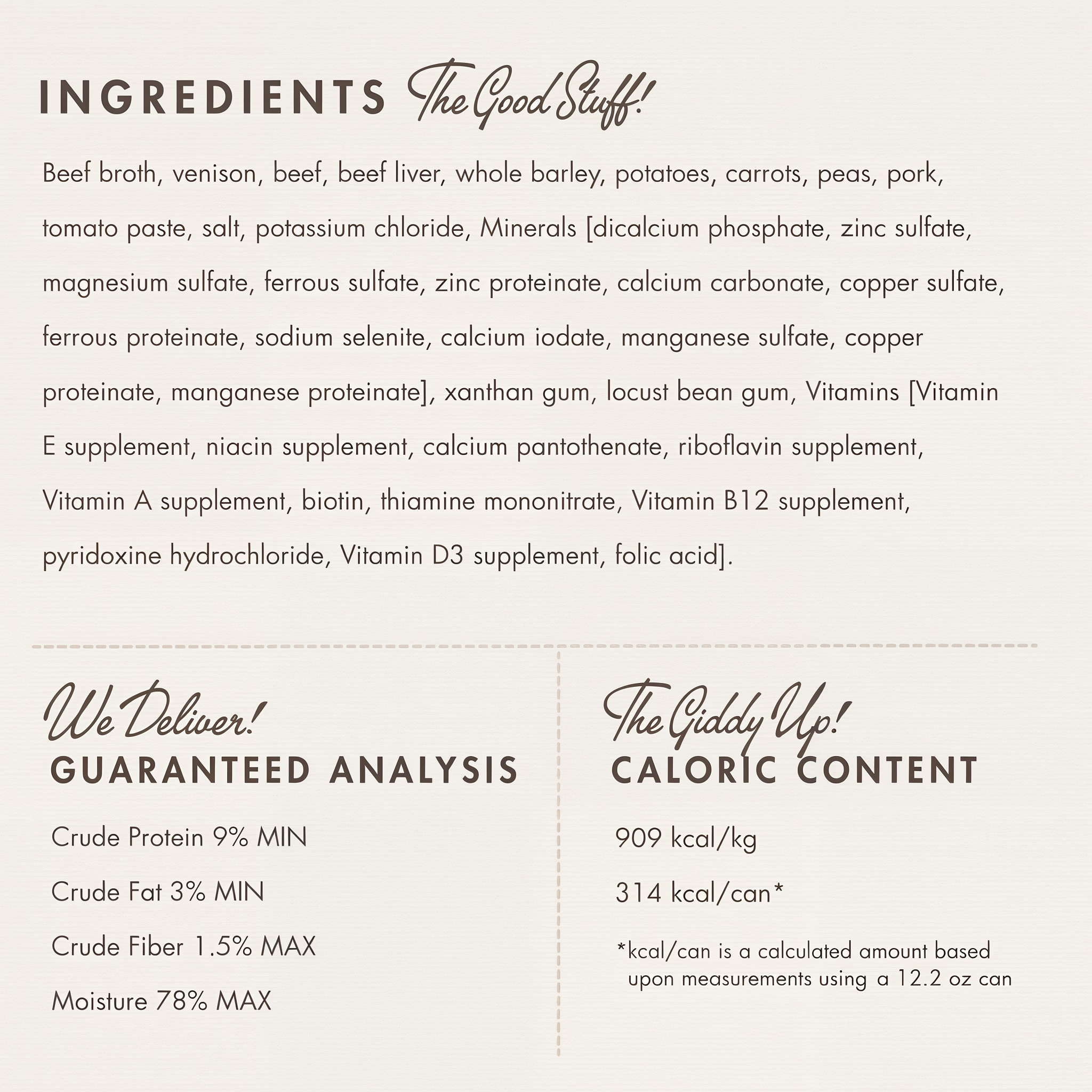 Fromm Pâté Venison & Beef ingredients panel with guaranteed analysis and caloric content