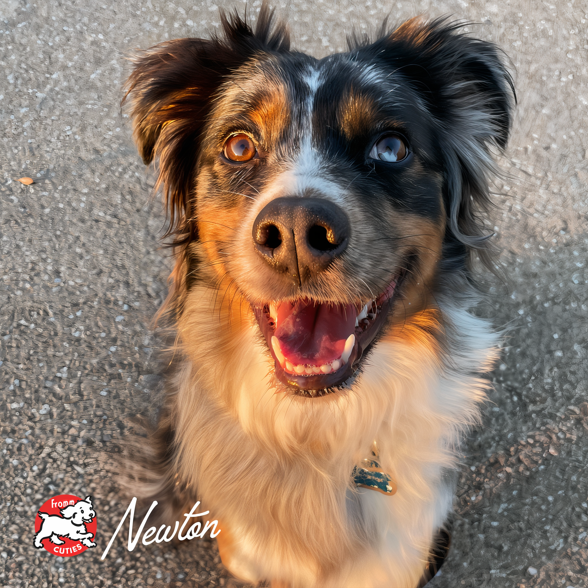 Merle-coated dog Newton with one blue eye smiling up at the camera, from the Fromm Cuties gallery