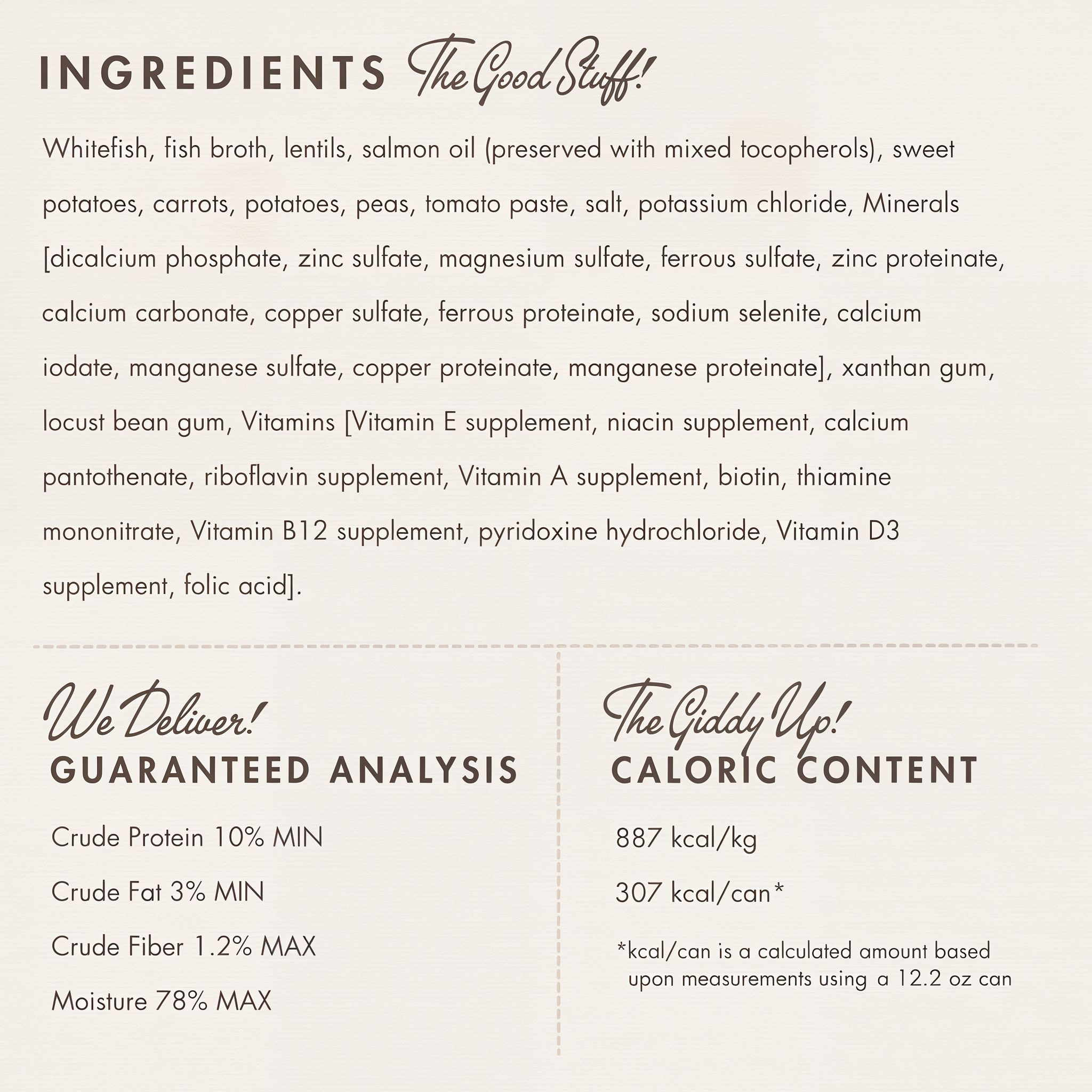 Fromm Pâté Whitefish & Lentil ingredients panel with guaranteed analysis and caloric content