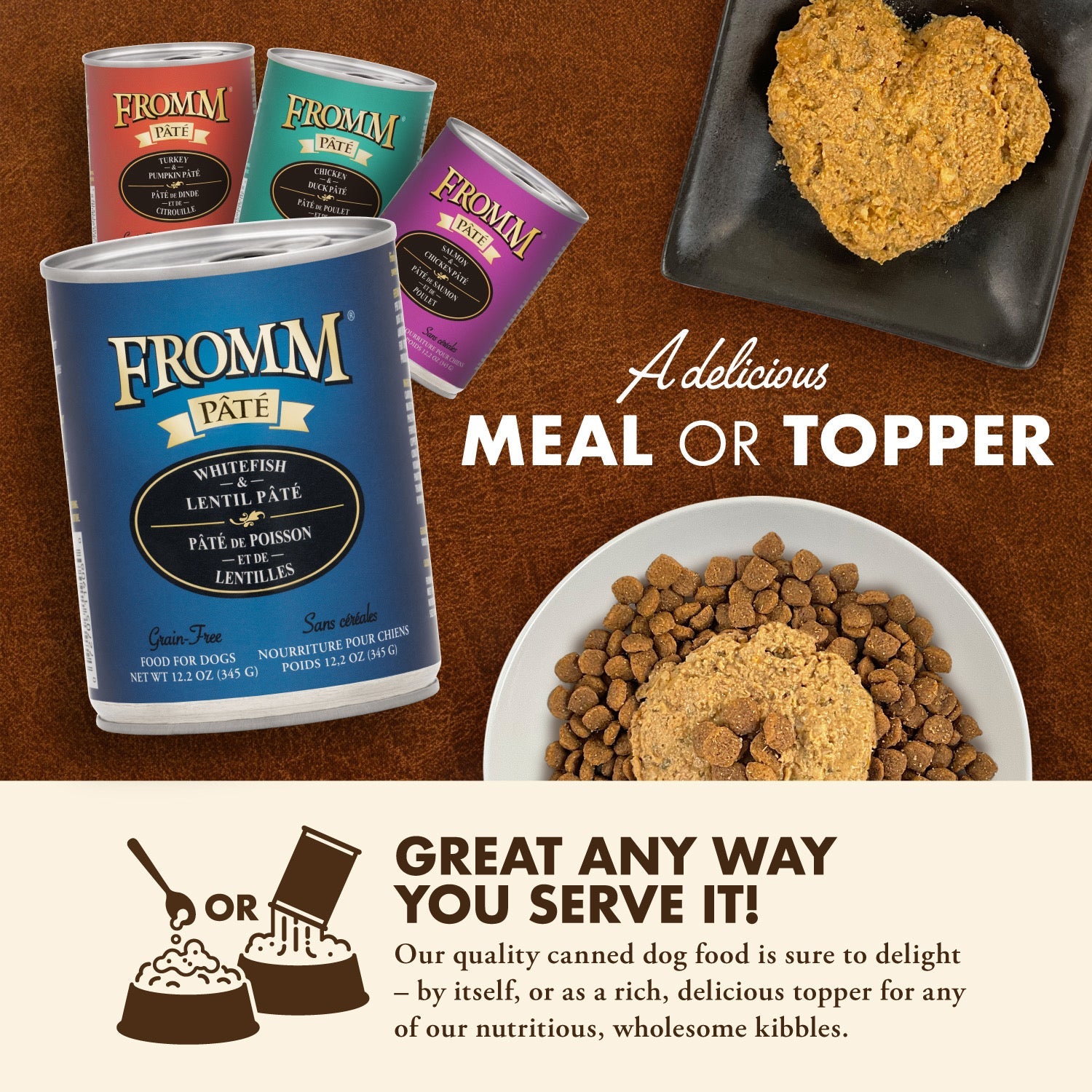 Fromm Pâté canned food served as a delicious meal or as a topper over kibble