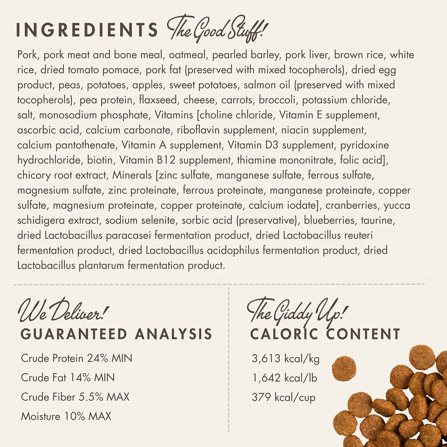 Fromm Pork and Applesauce ingredients panel with guaranteed analysis and caloric content