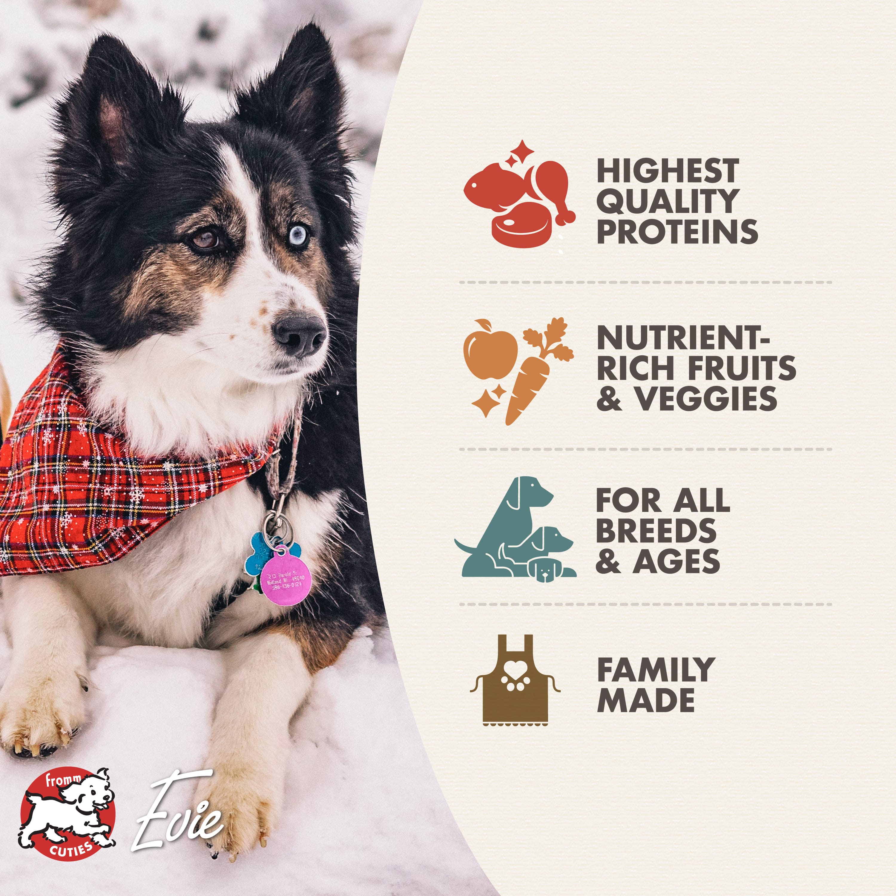 Fromm Rancherosa benefits: quality proteins, fruits and veggies, for all breeds and ages, family made