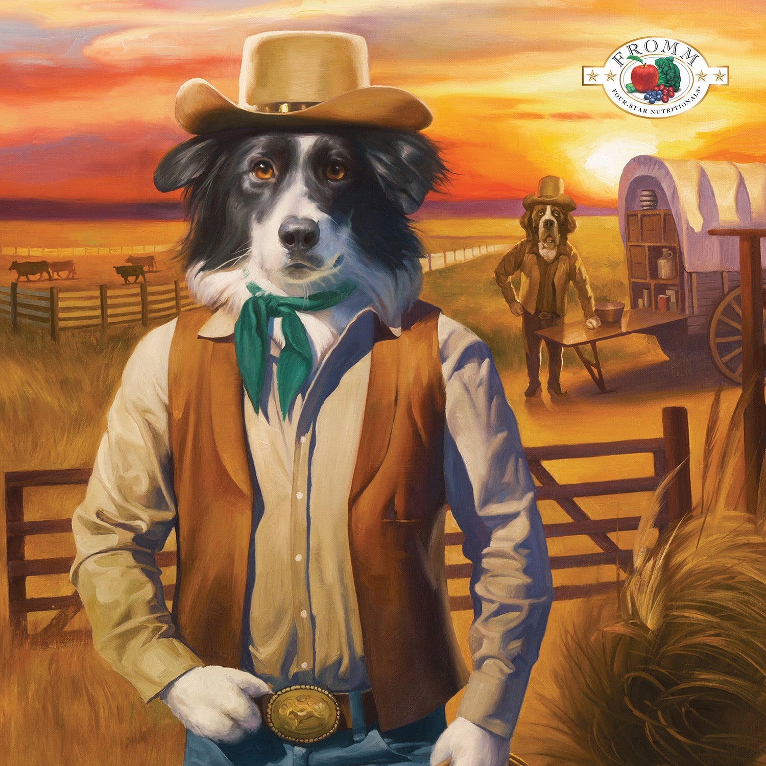 Oil painting of a border collie in cowboy attire with a St. Bernard at a chuckwagon
