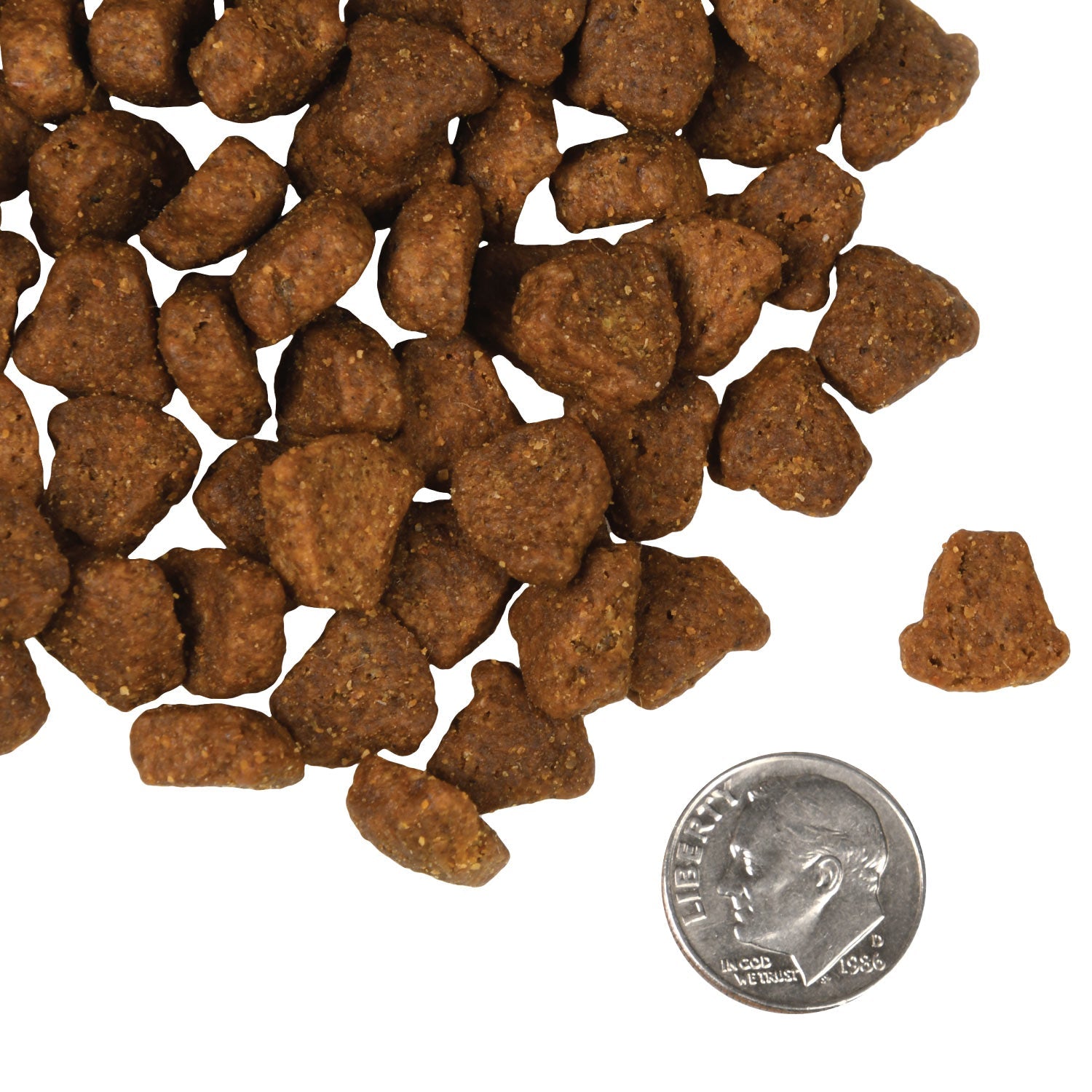 A small pile of Fromm Rancherosa kibble next to a dime for scale
