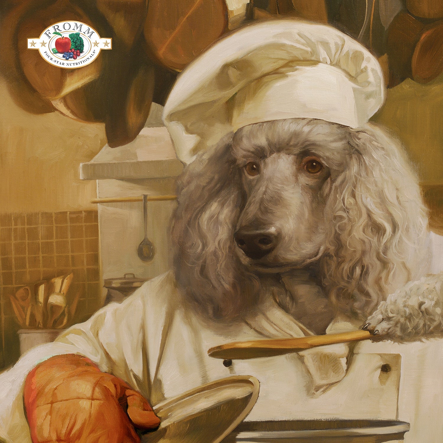 Whimsical painted portrait of a curly-coated dog dressed as a chef with toque and oven mitt at a kitchen stove