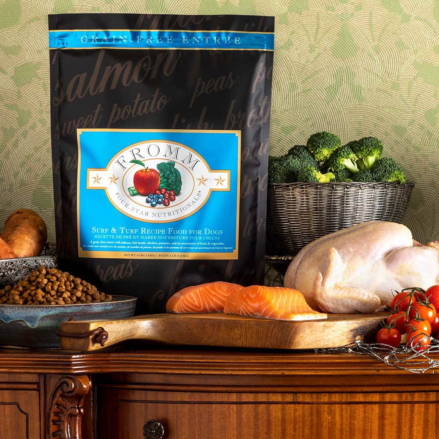 Grain-free Surf & Turf bag with raw salmon, whole chicken, broccoli, and sweet potatoes