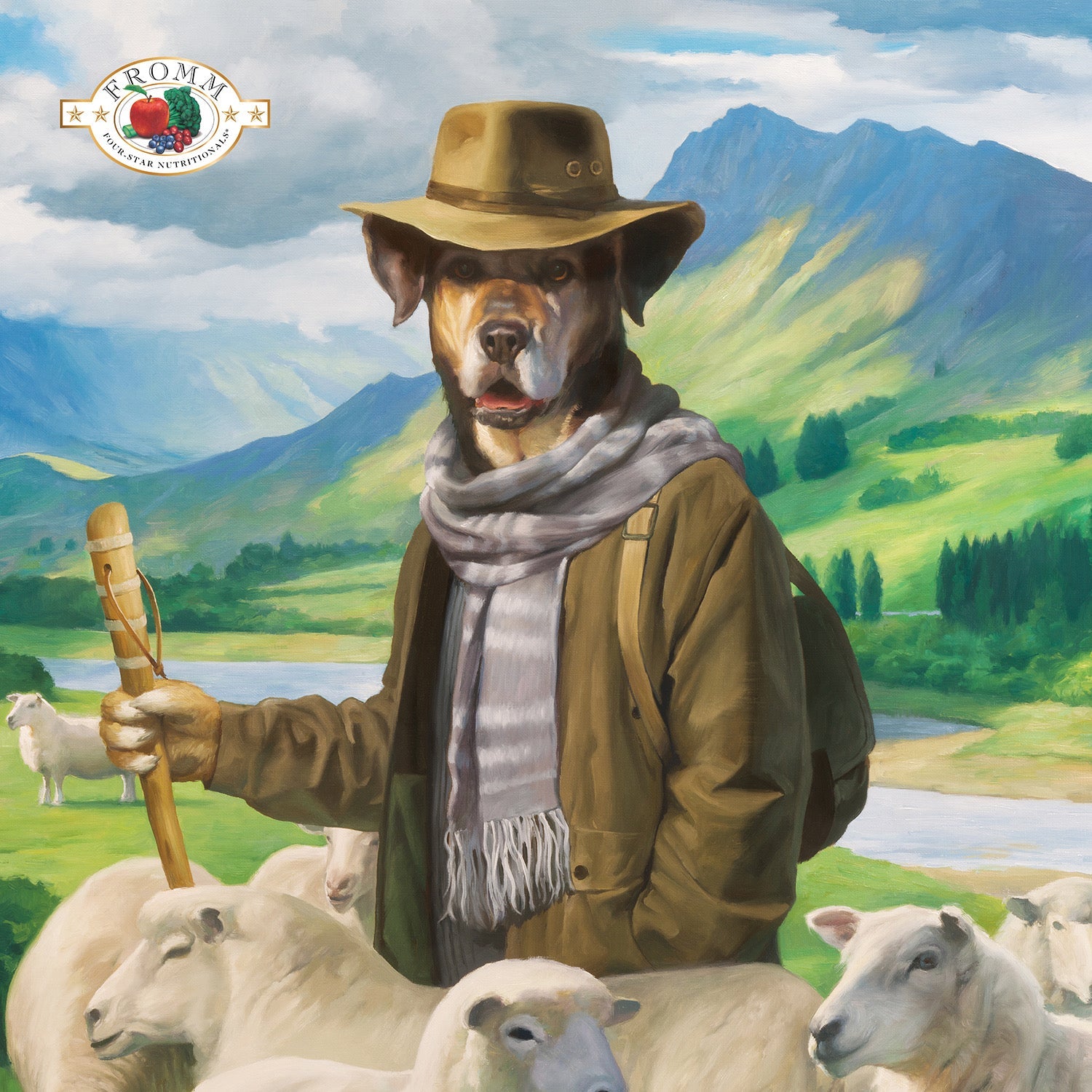 Oil painting of a dog dressed as a shepherd with a flock of sheep in green mountains