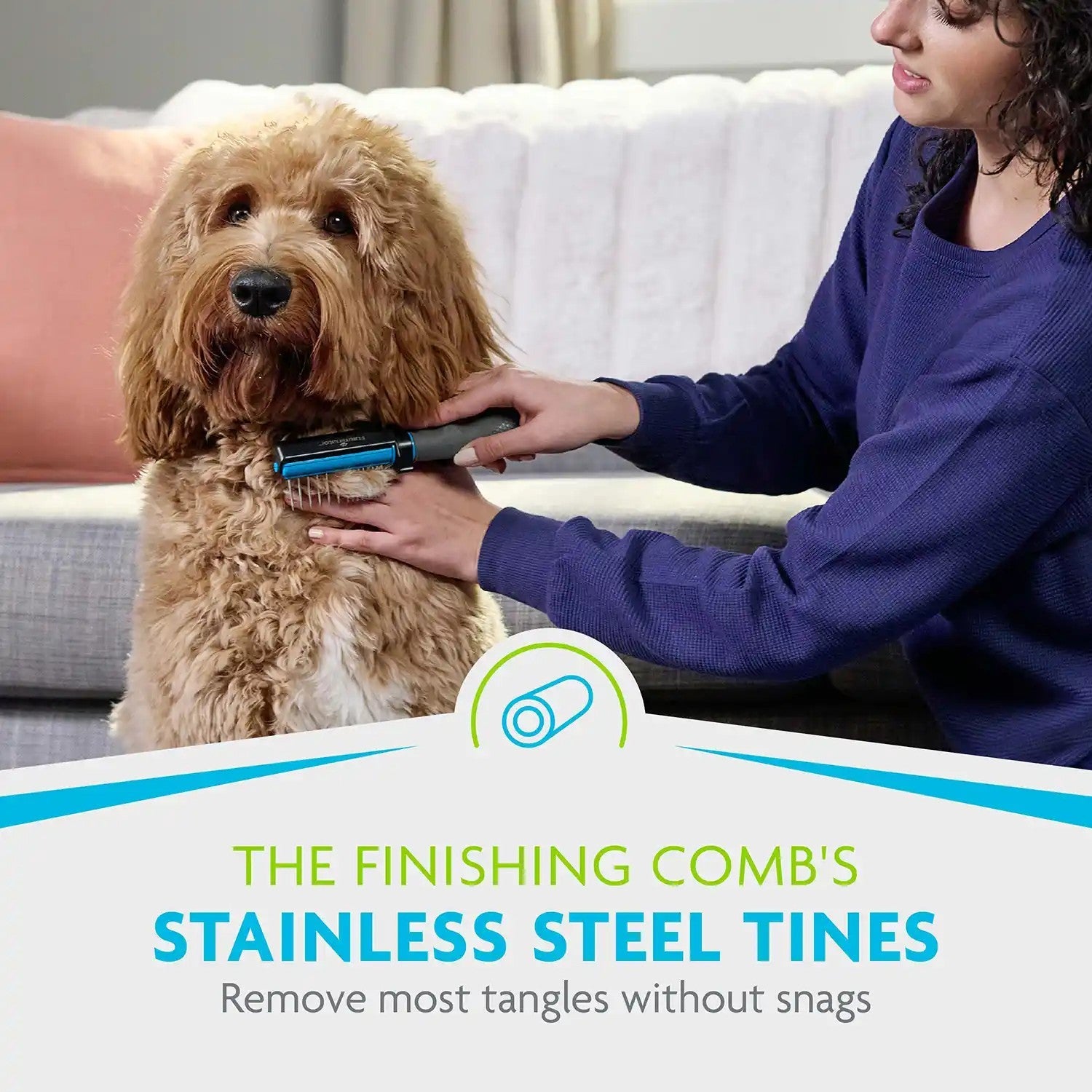 Stainless steel finishing comb tines remove tangles without snags