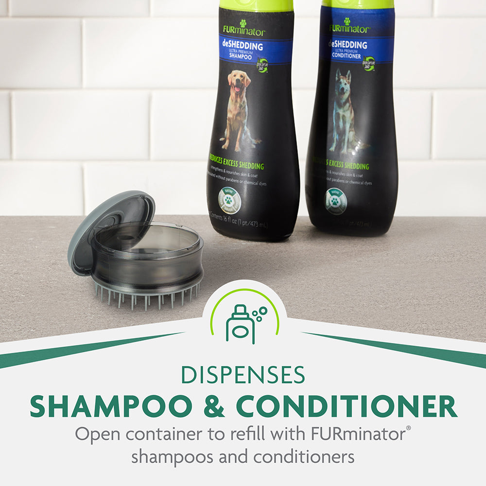 FURminator Bathing Brush dispenses shampoo through the bristles