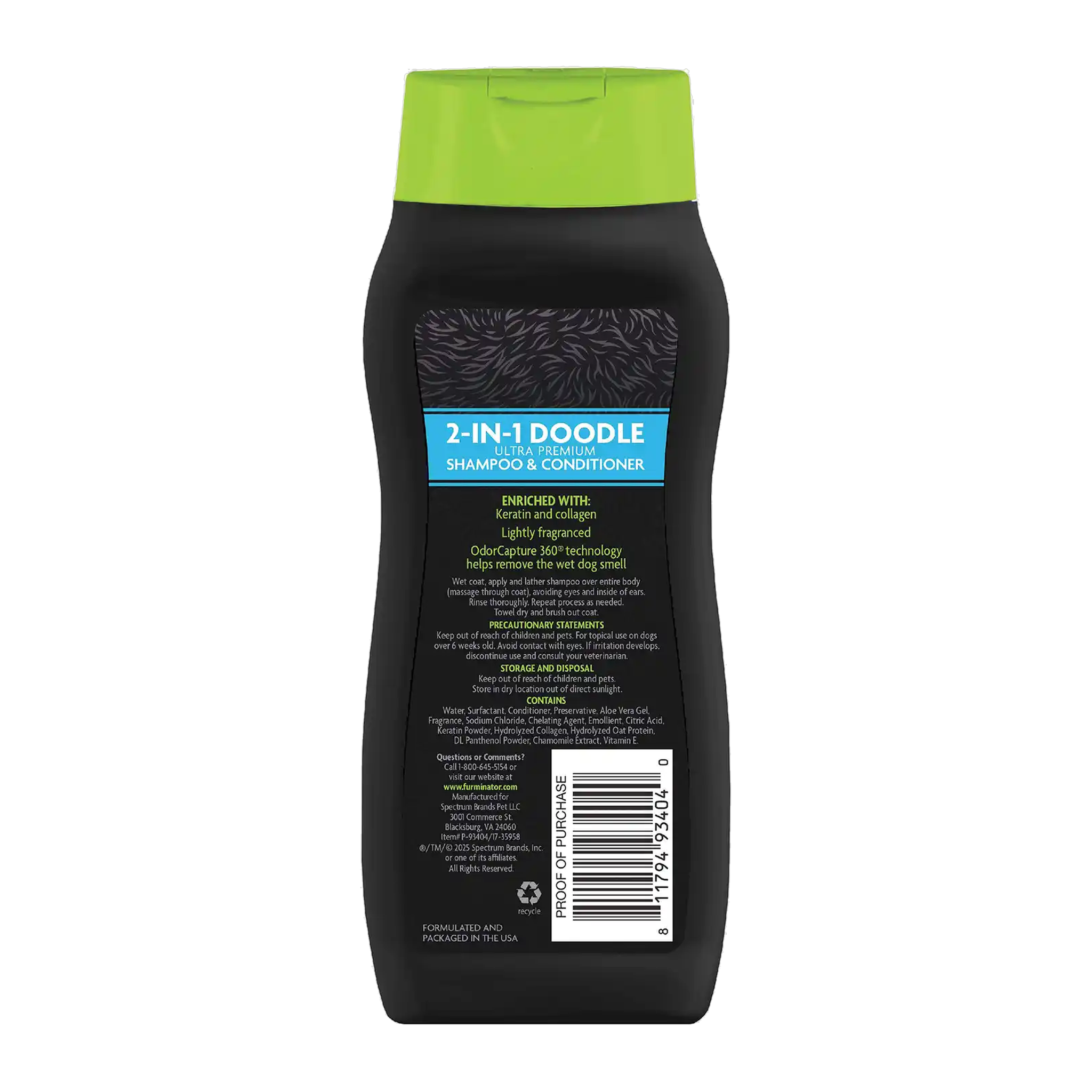 FURminator 2-in-1 Doodle Shampoo & Conditioner bottle back with directions and ingredients