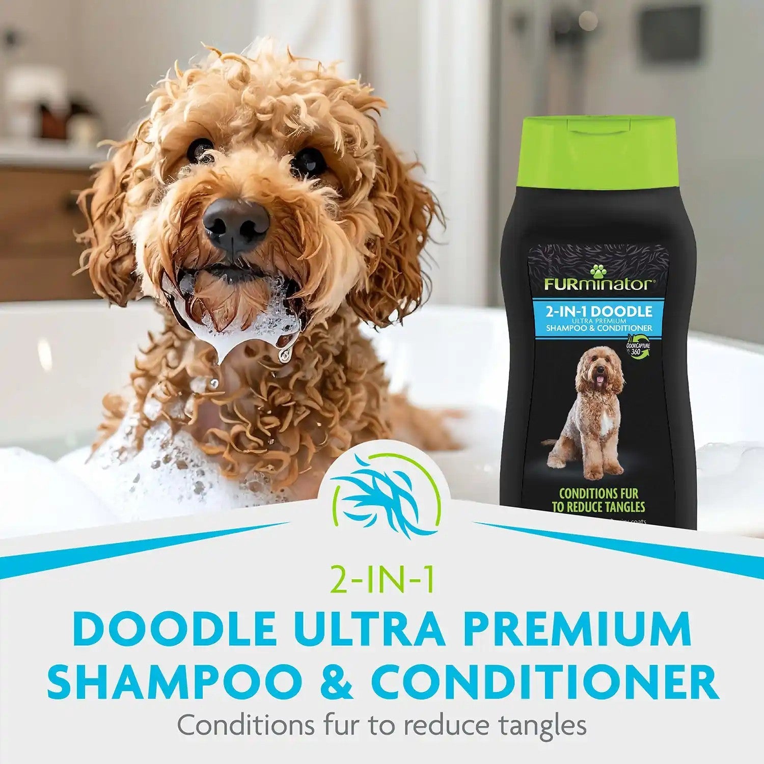 Doodle dog in the bath beside FURminator 2-in-1 Doodle Shampoo & Conditioner