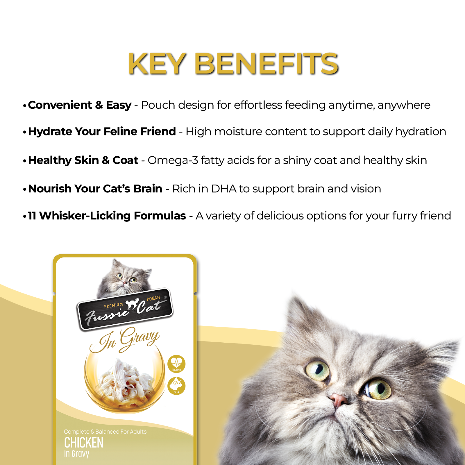 Fussie Cat Chicken in Gravy premium pouch with taurine and DHA label detail with ingredients and guaranteed analysis