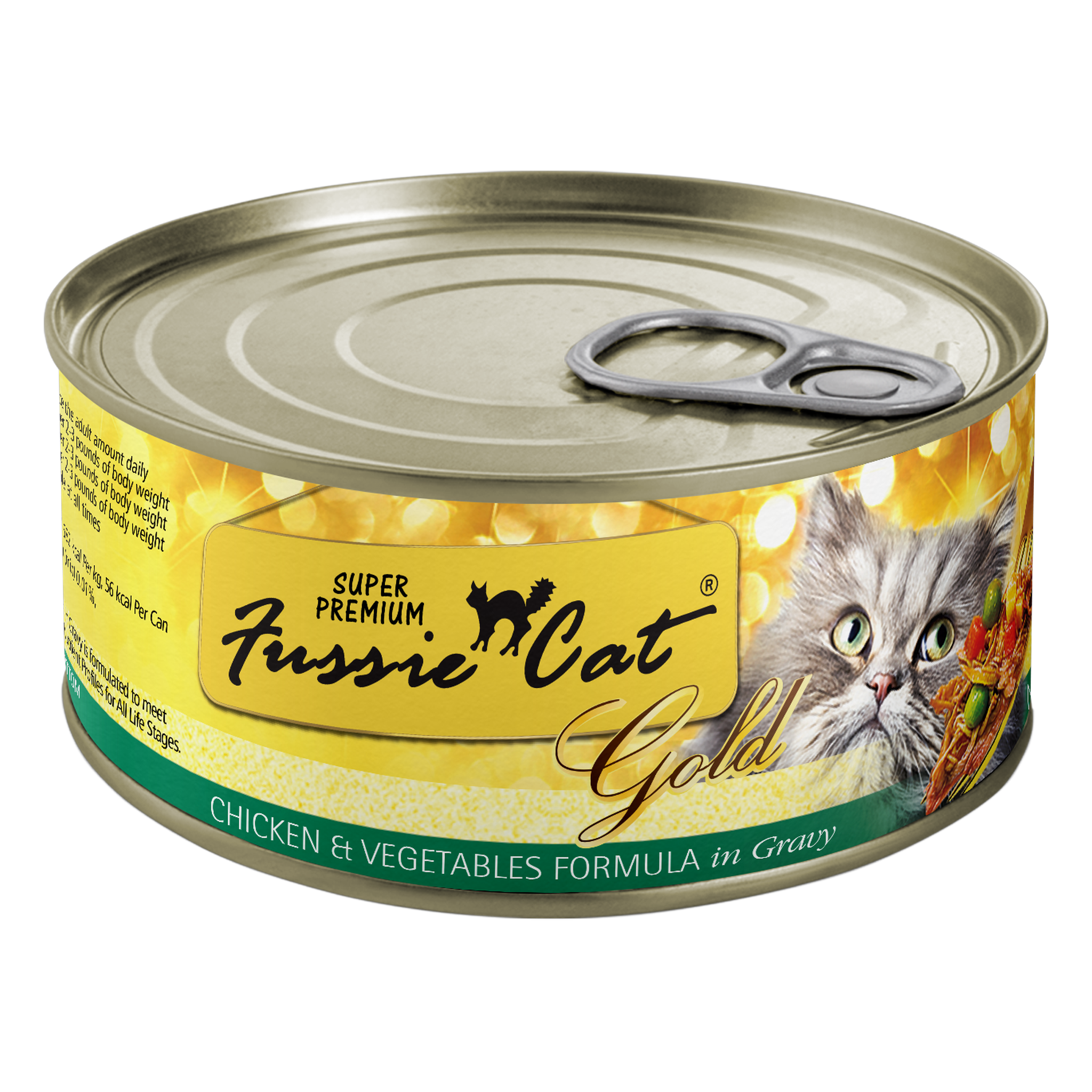 Fussie Cat Super Premium Gold Chicken Formula with Vegetables in Gravy can