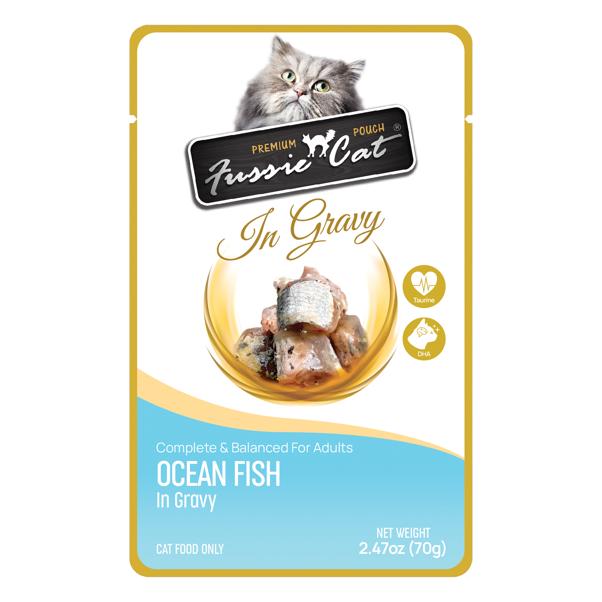 Fussie Cat Ocean Fish in Gravy premium pouch with taurine and DHA