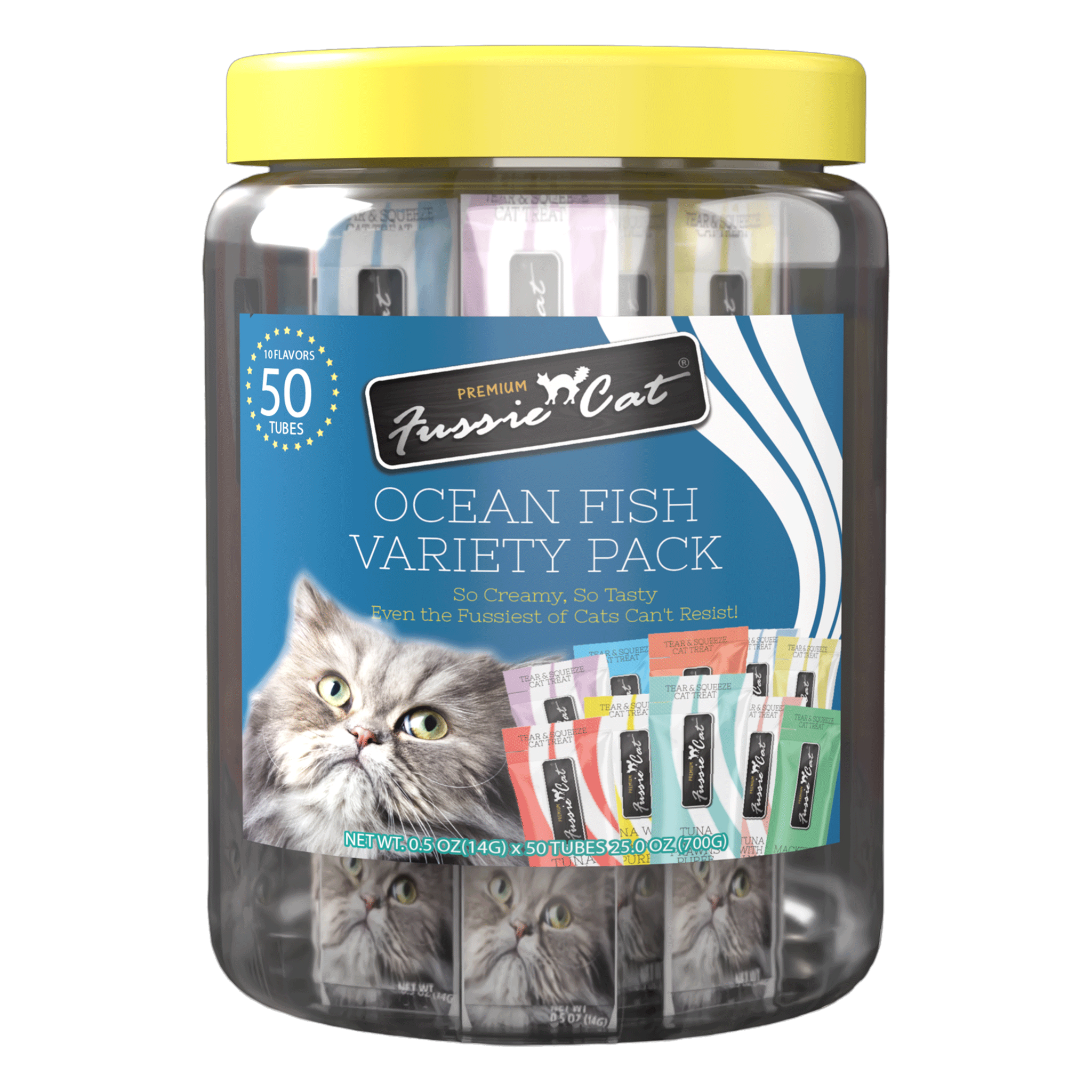 Fussie Cat Ocean Fish Purée Variety Pack Cat Treats package