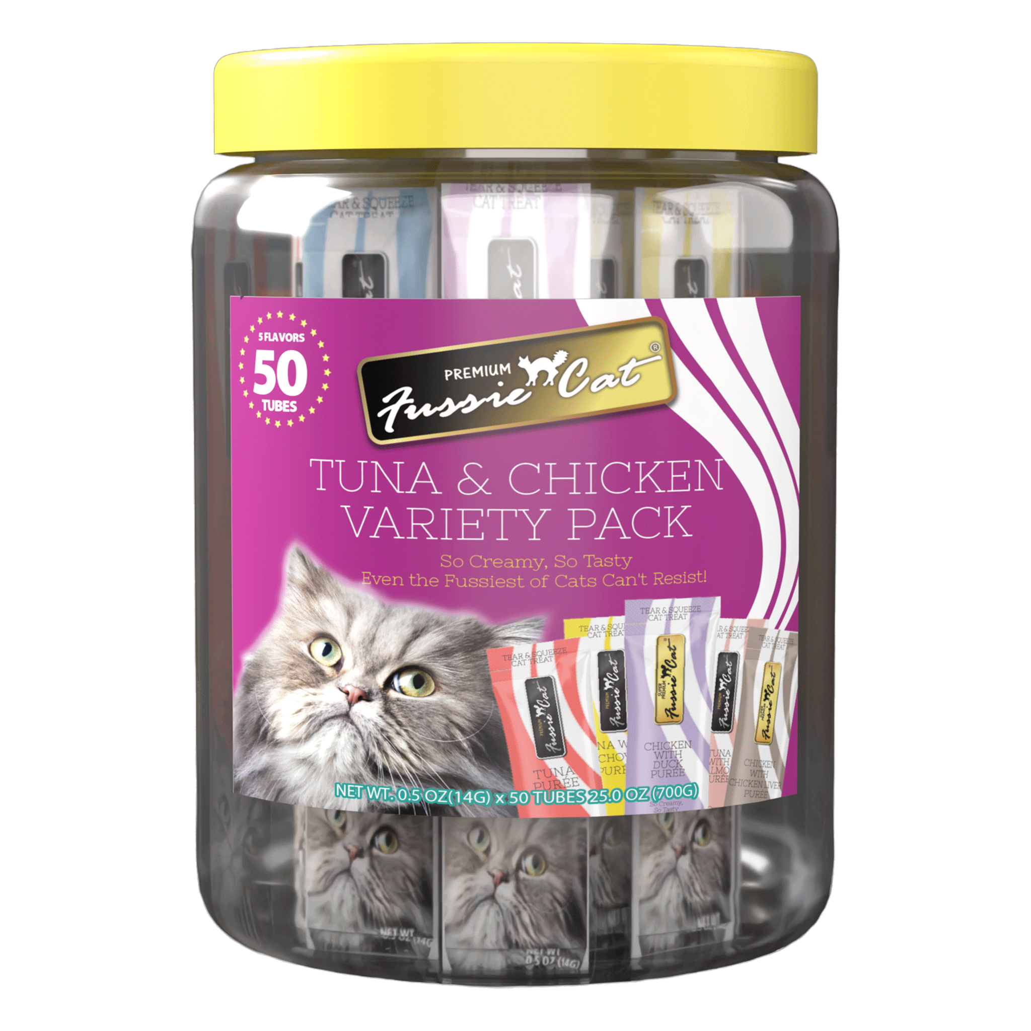 Fussie Cat Tuna & Chicken Purée 5-Flavor Variety Pack Cat Treats package