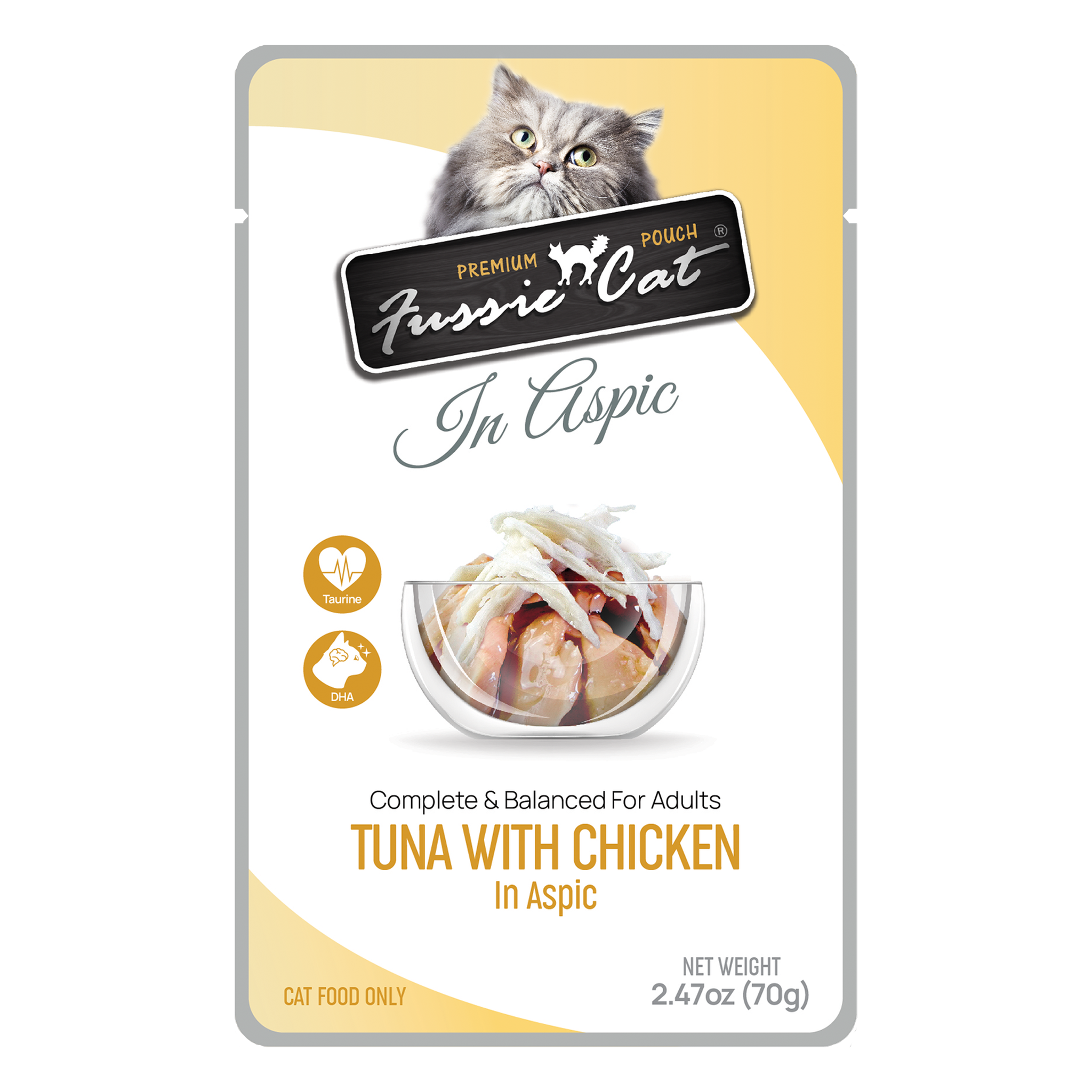 Fussie Cat Tuna with Chicken in Aspic premium pouch with taurine and DHA