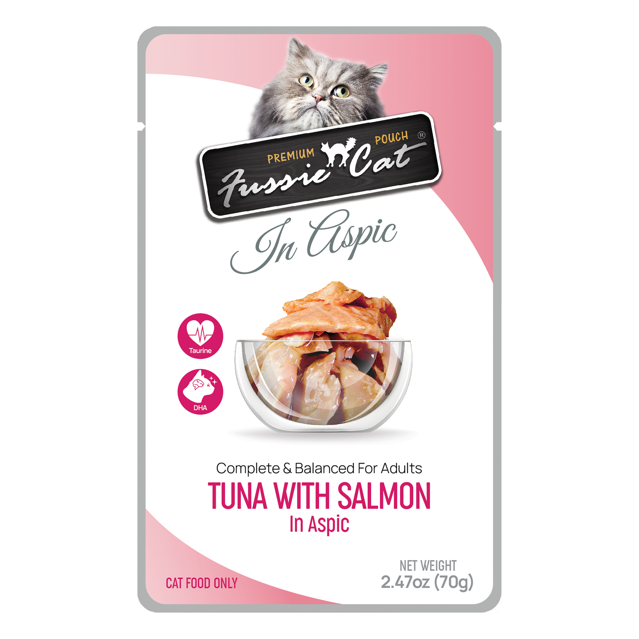 Fussie Cat Tuna with Salmon in Aspic Wet Cat Food Pouch package