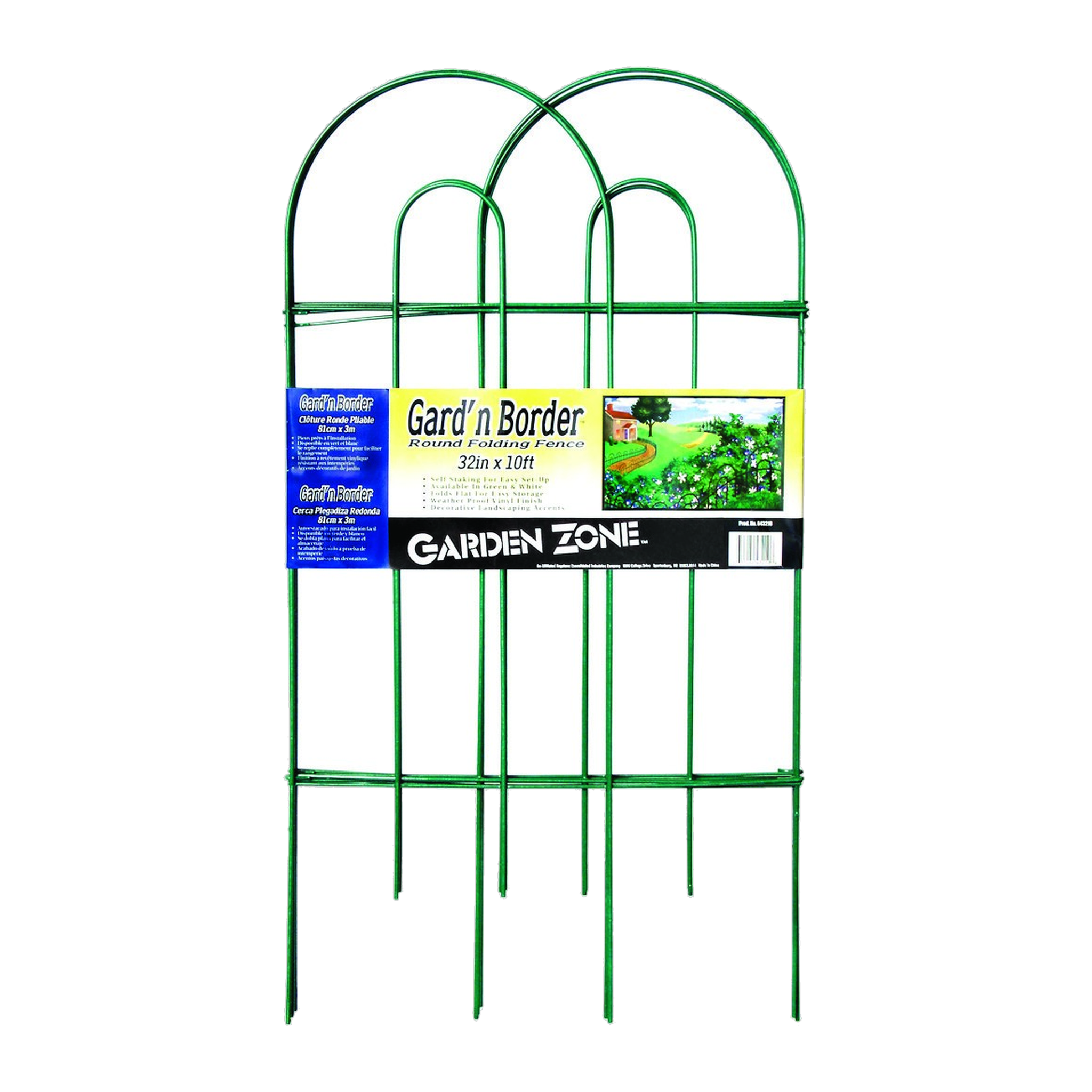 Garden Craft round folding fence border in green, 32 inch by 10 foot powder-coated steel hoop-top garden edging with spiked feet