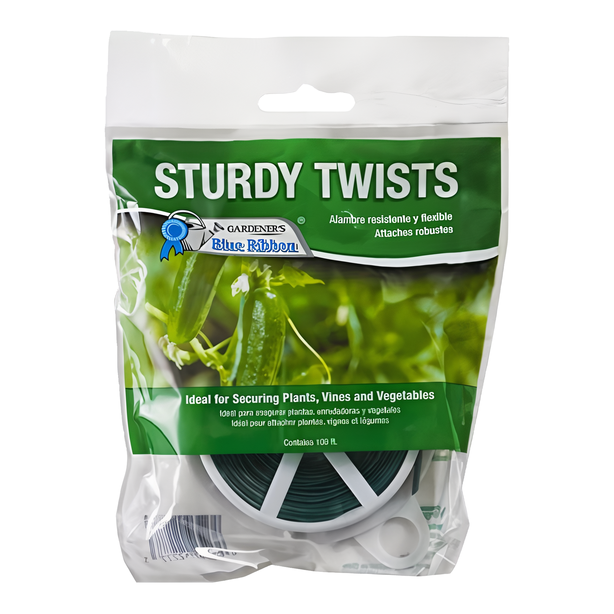 Gardener's Blue Ribbon Sturdy Twists 100 ft green plastic plant twist tie roll with built-in cutter in clear bag