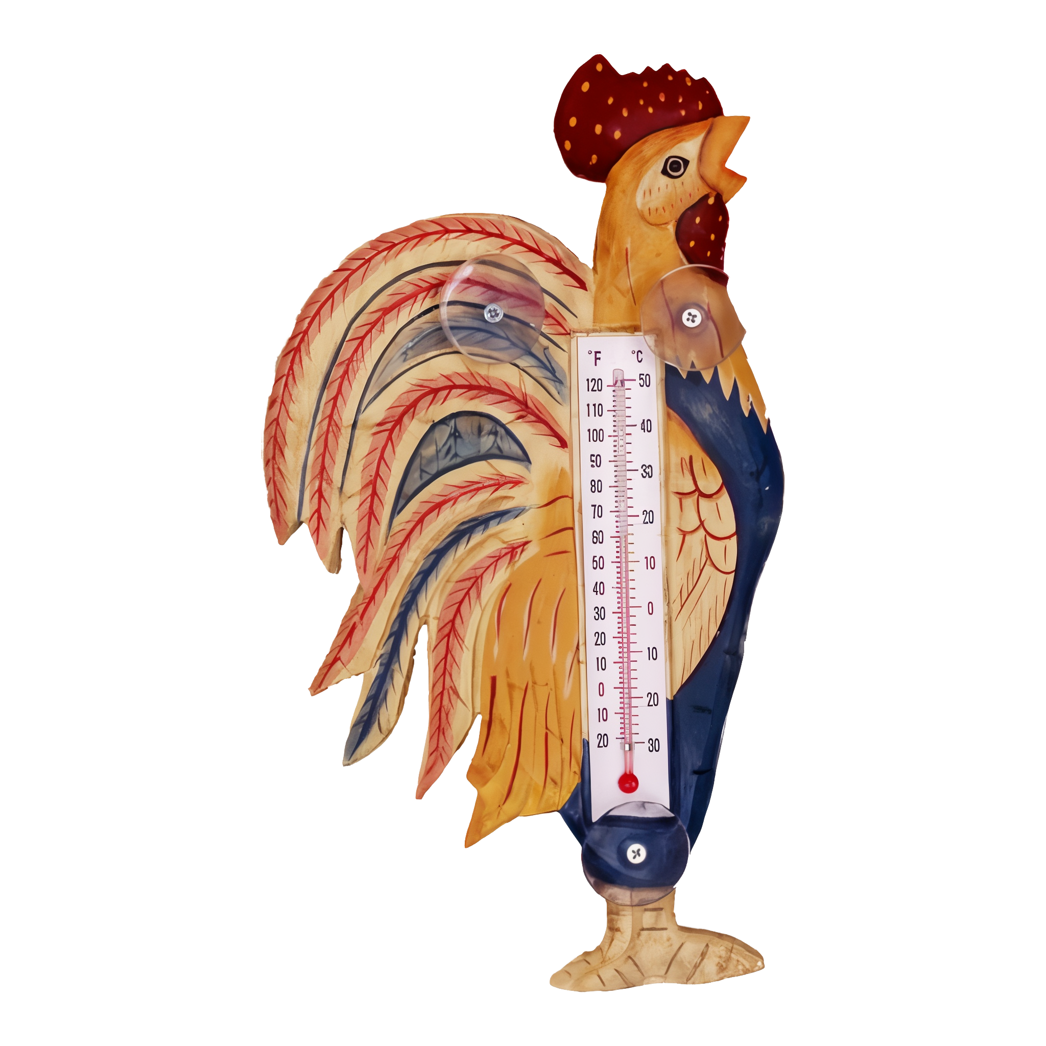 Gift Essentials hand-carved wood country rooster window thermometer with Fahrenheit and Celsius scale and suction cups