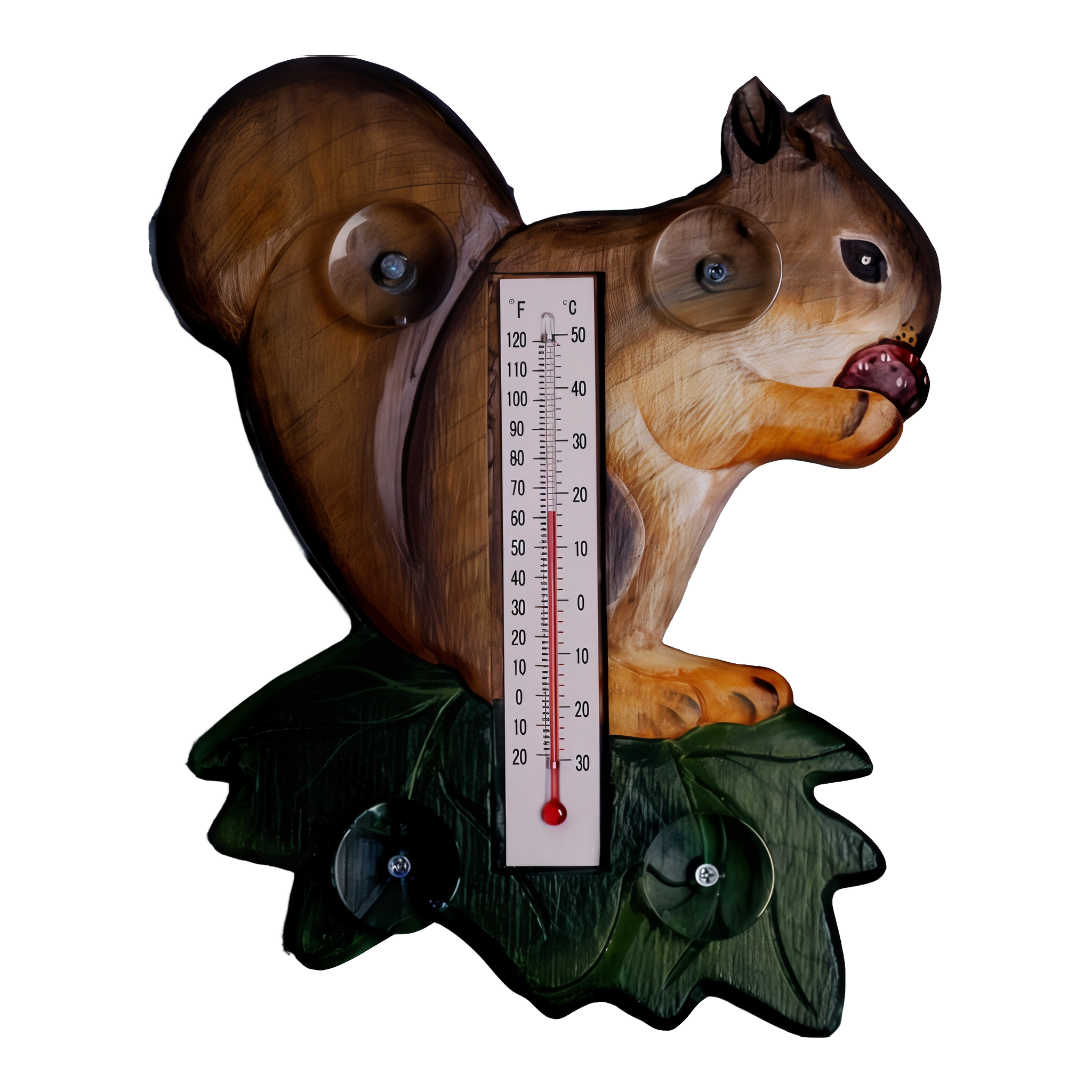 Gift Essentials hand-carved wood squirrel on a leaf window thermometer with Fahrenheit and Celsius scale and suction cups