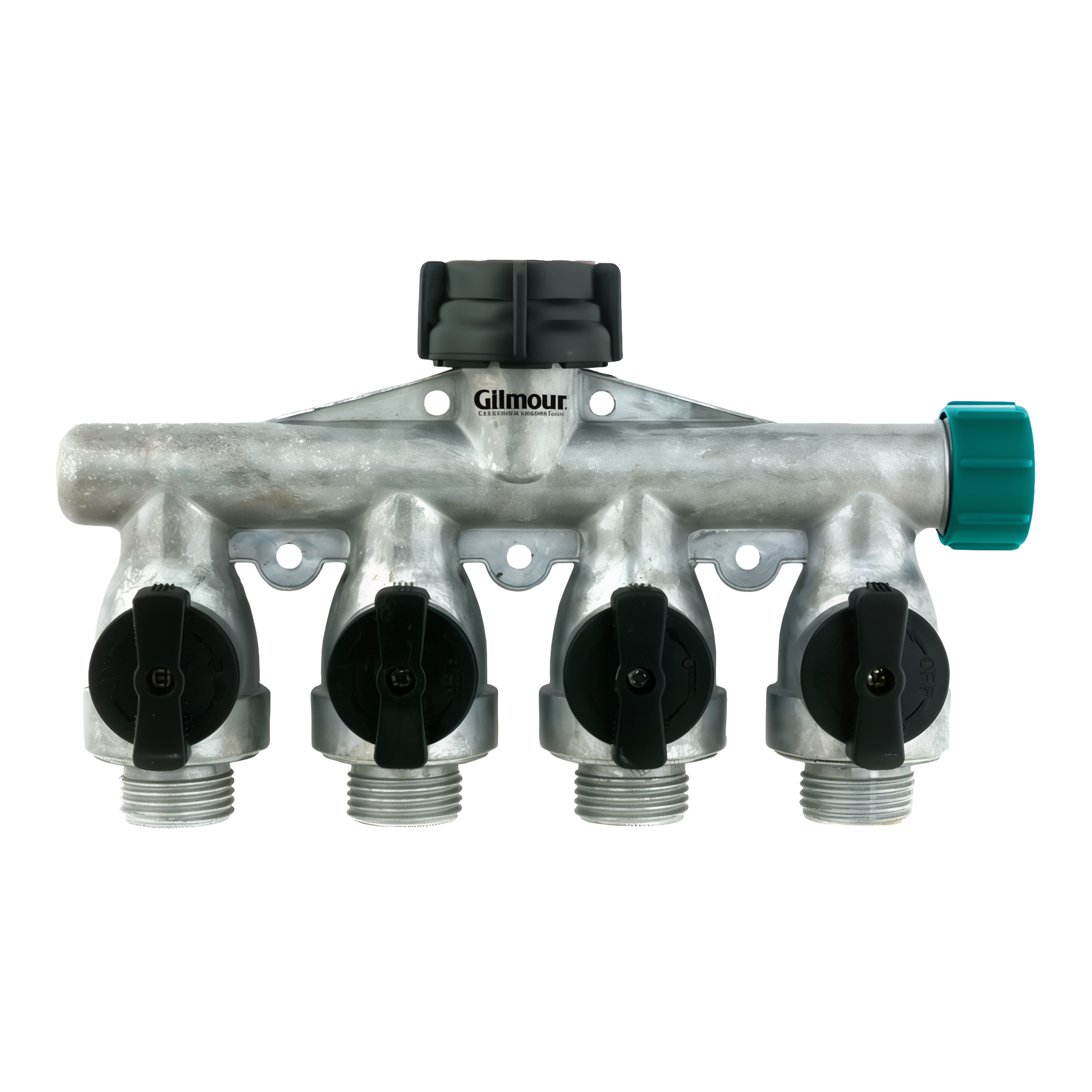 Gilmour AY4FFM 4-Way Aluminum Manifold Shut-Off Valve — silver cast-aluminum body with Gilmour 'Gardening Innovation' branding, 4 brass-threaded outlets with round black on/off knob shut-offs, top-mounted black swivel inlet coupling for 3/4 in garden hose thread, side outlet with teal cap