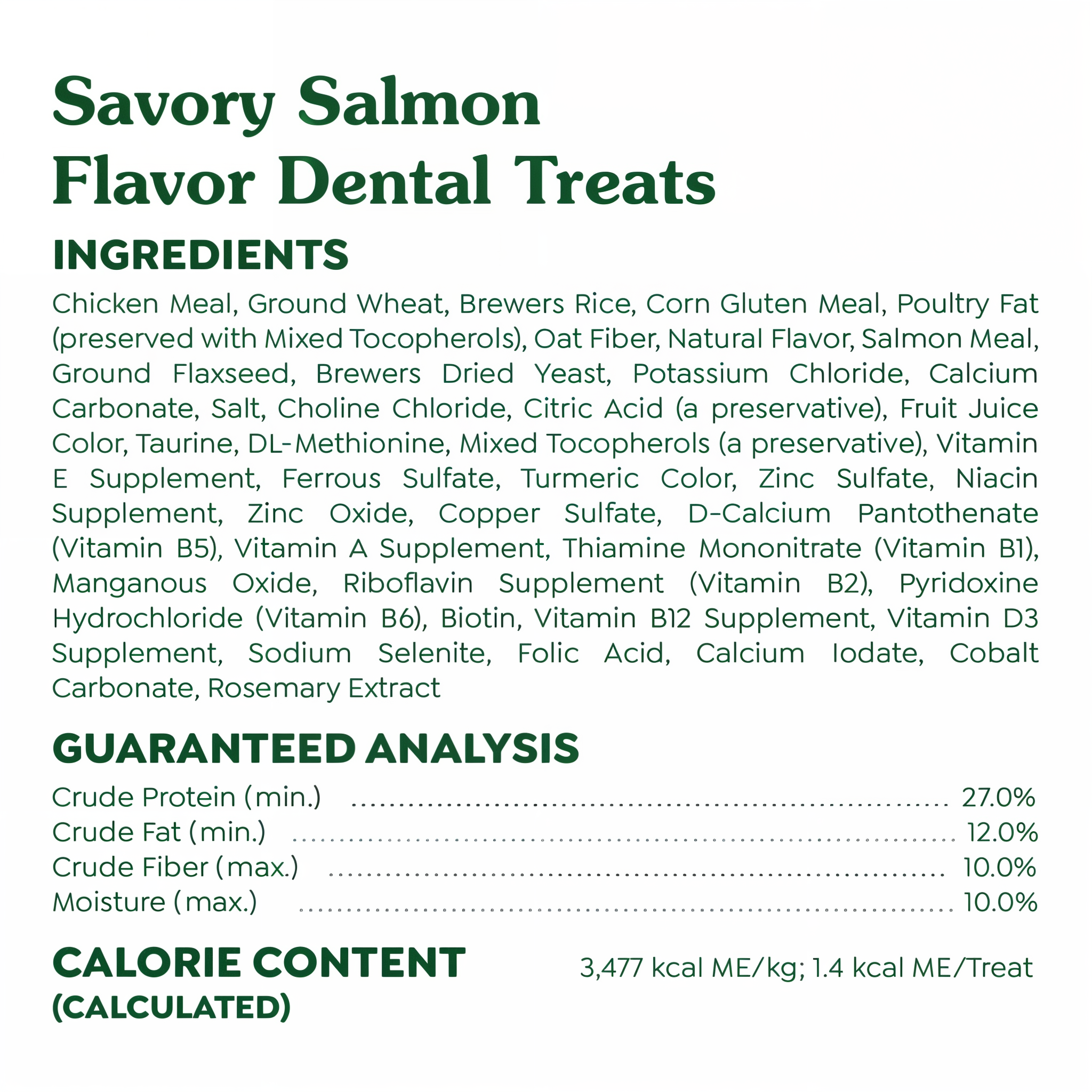 Greenies Feline Dental Savory Salmon Flavor Cat Treats ingredients and guaranteed analysis