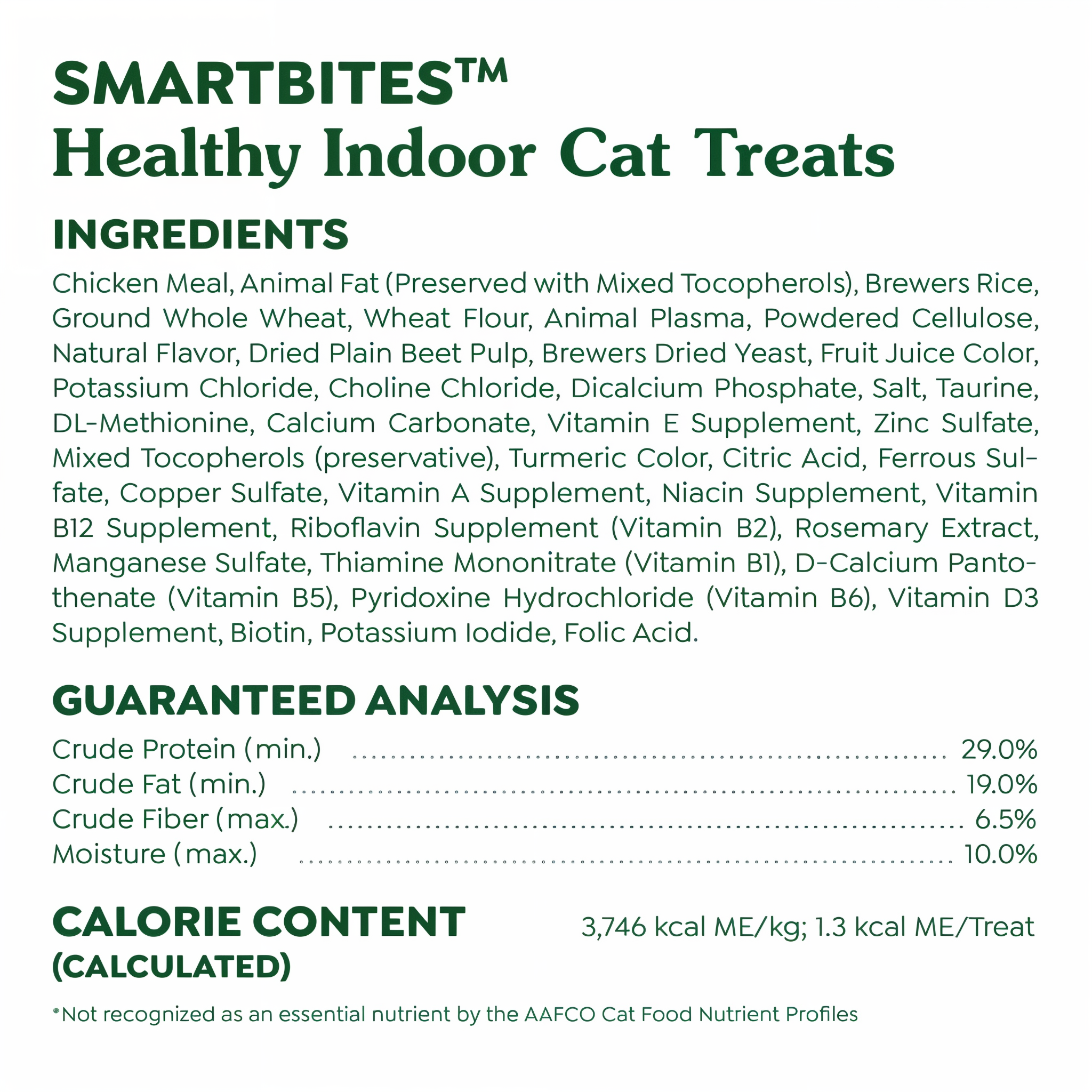 Greenies Feline SmartBites Healthy Indoor Chicken Flavor Cat Treats ingredients and guaranteed analysis