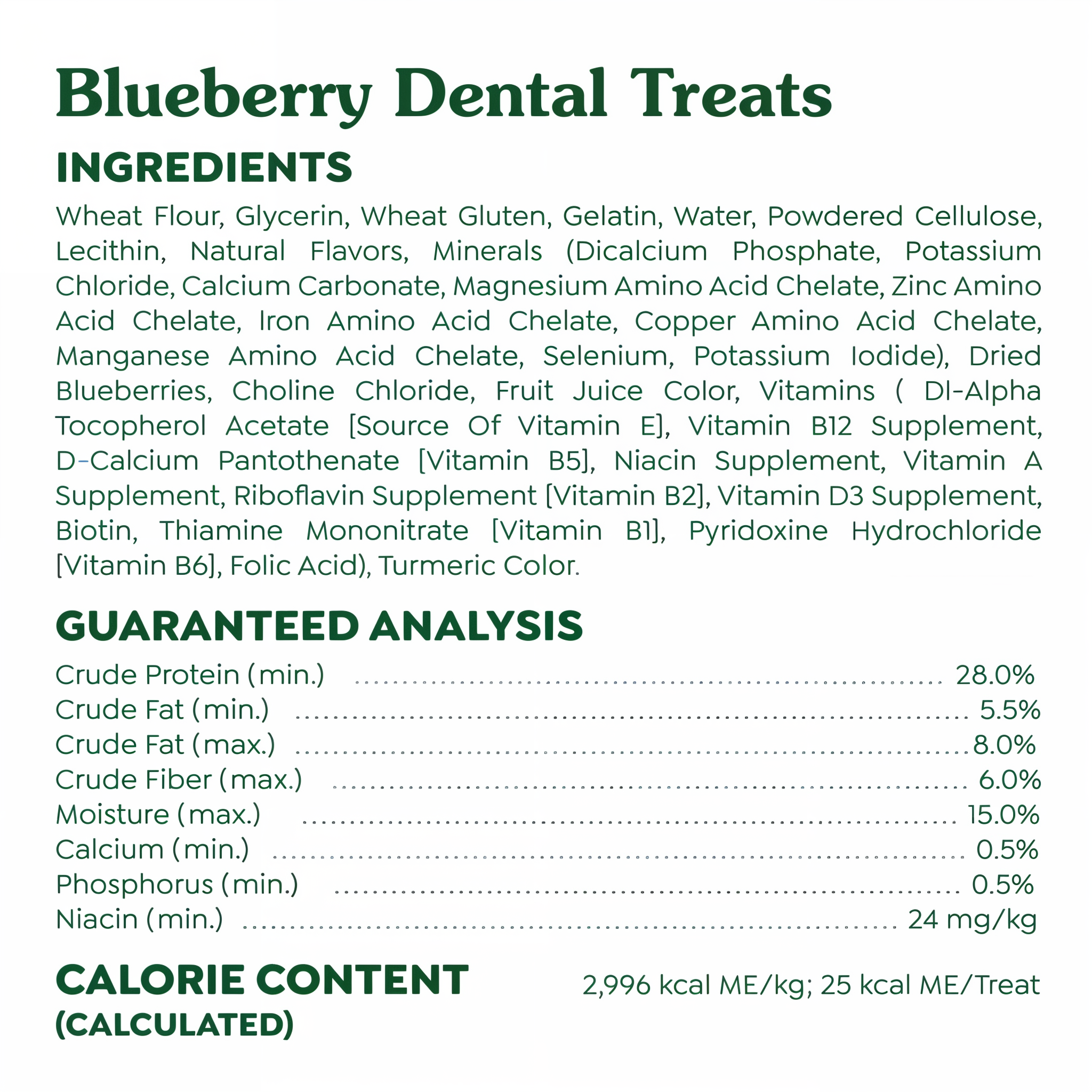Greenies Teenie Natural Dental Dog Treats Blueberry Flavor ingredients and guaranteed analysis
