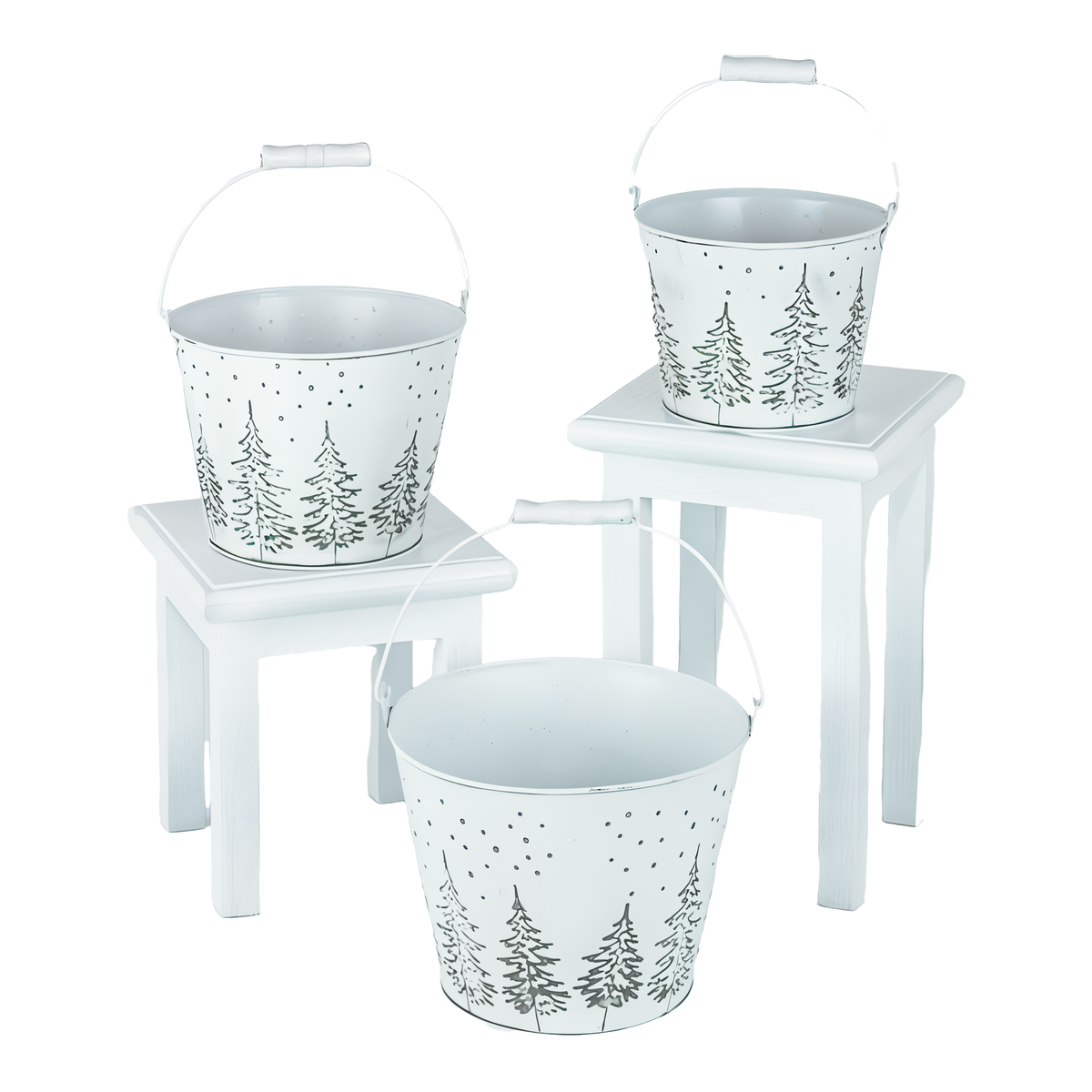 Hanna's Handiworks White Trees Christmas Bucket 3 Piece Set -- product image