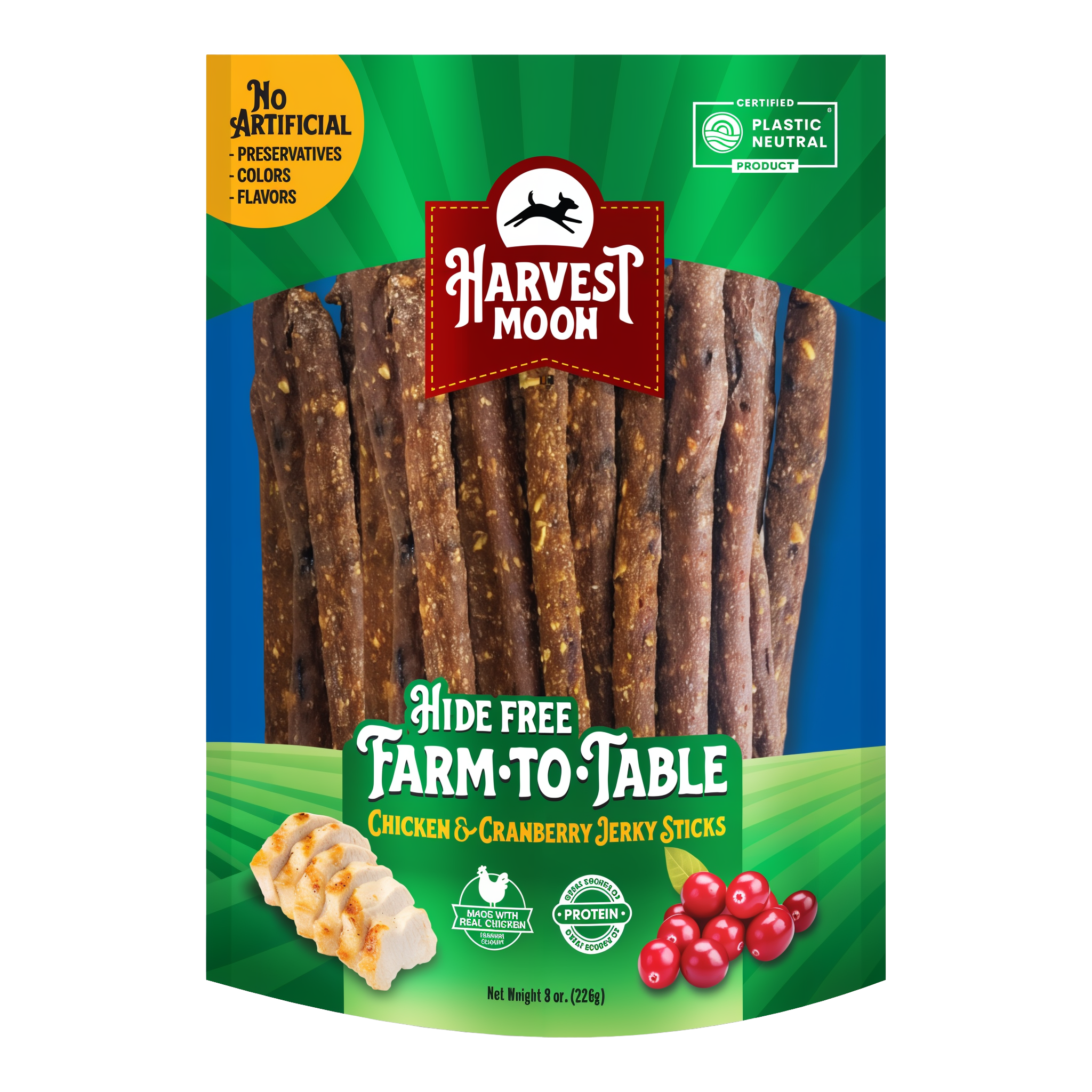 Harvest Moon Farm to Table Chicken & Cranberry Jerky Sticks 8 OZ bag front with treats