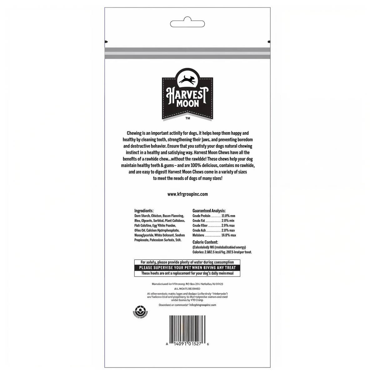 Harvest Moon Hide Free Bacon Retriever Rolls 3 Pack back label with ingredients and guaranteed analysis