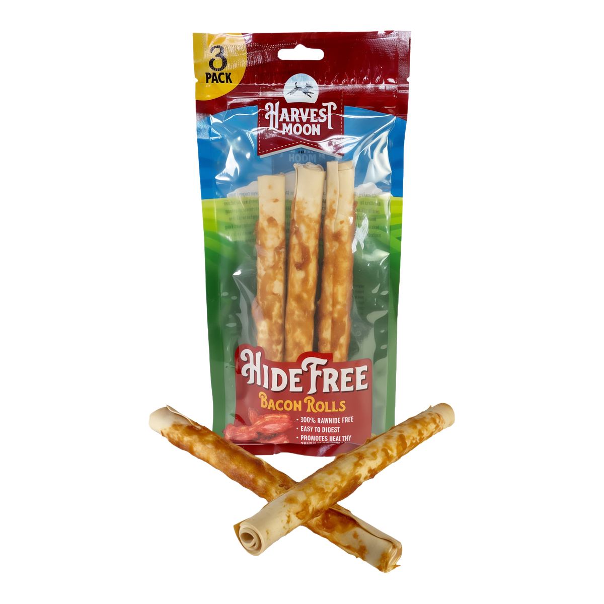Harvest Moon Hide Free Bacon Retriever Rolls 3 Pack bag front with treats