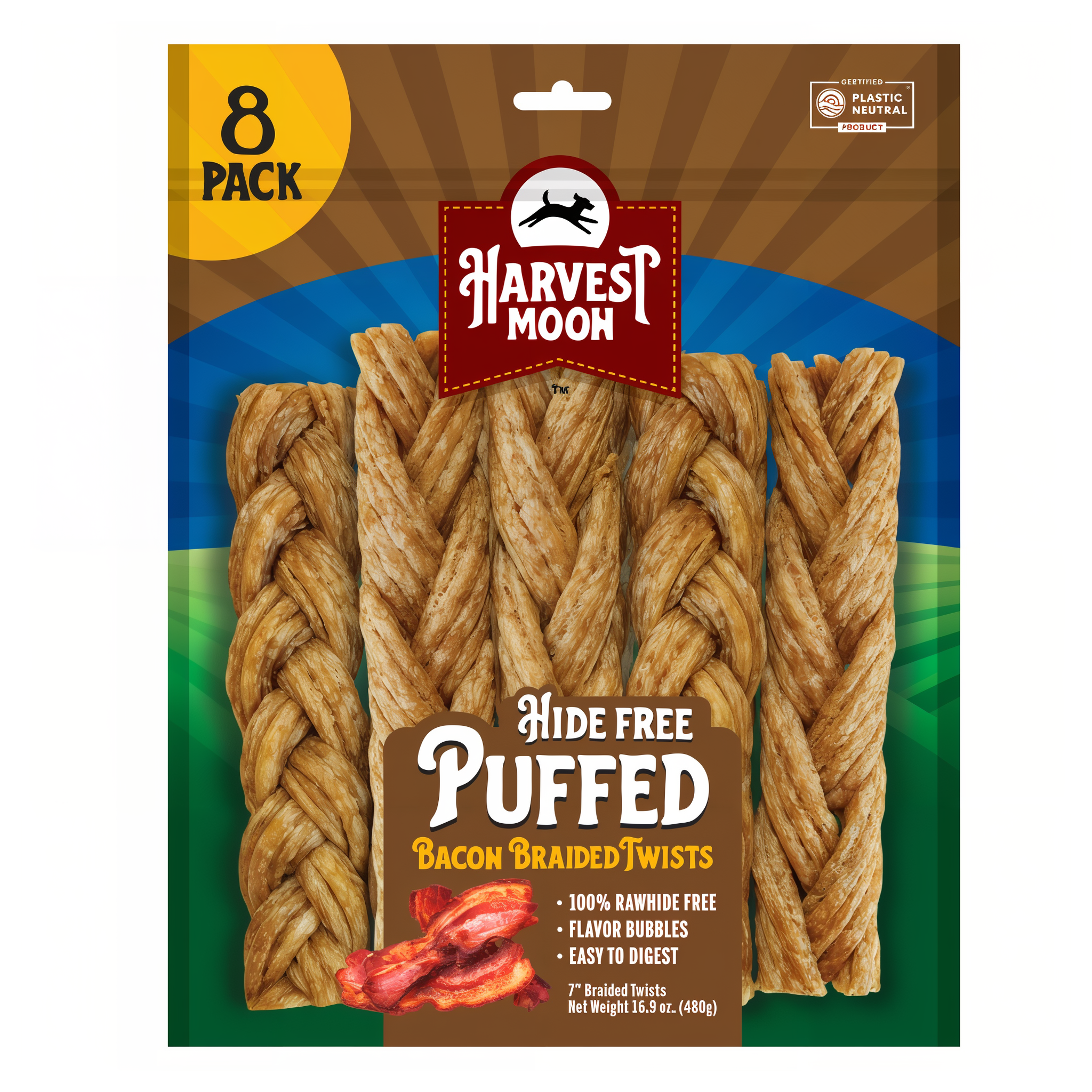 Harvest Moon Hide Free Puffed Bacon Braided Twists 8 Pack bag front with treats